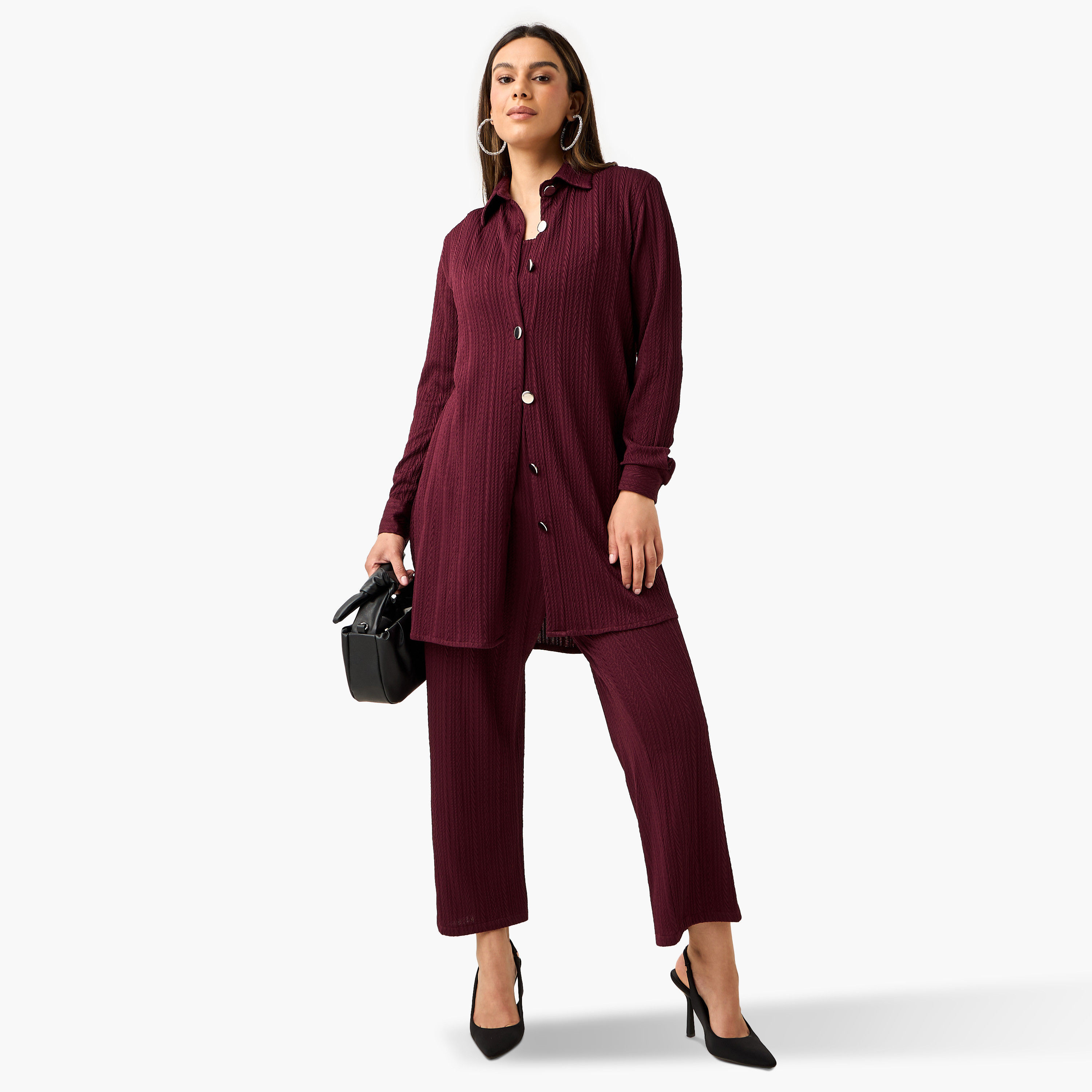 طقم بلوزة قصيرة بارزة الملمس مع بنطلون وقميص من جولدن آبل-women-clothing-coordsets-image-7