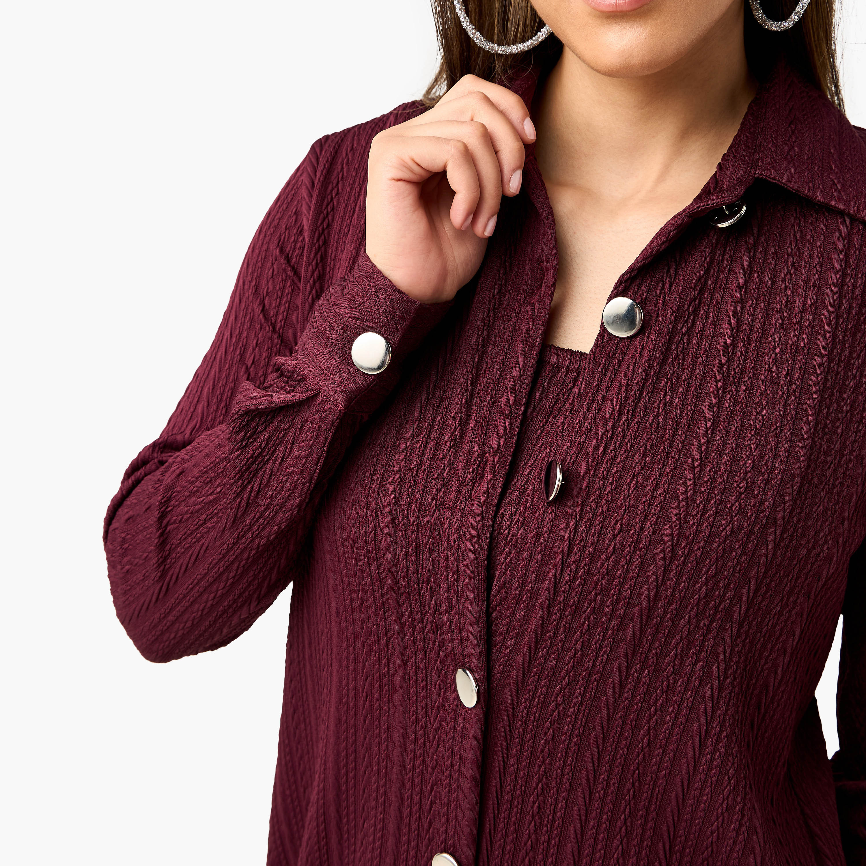طقم بلوزة قصيرة بارزة الملمس مع بنطلون وقميص من جولدن آبل-women-clothing-coordsets-image-11