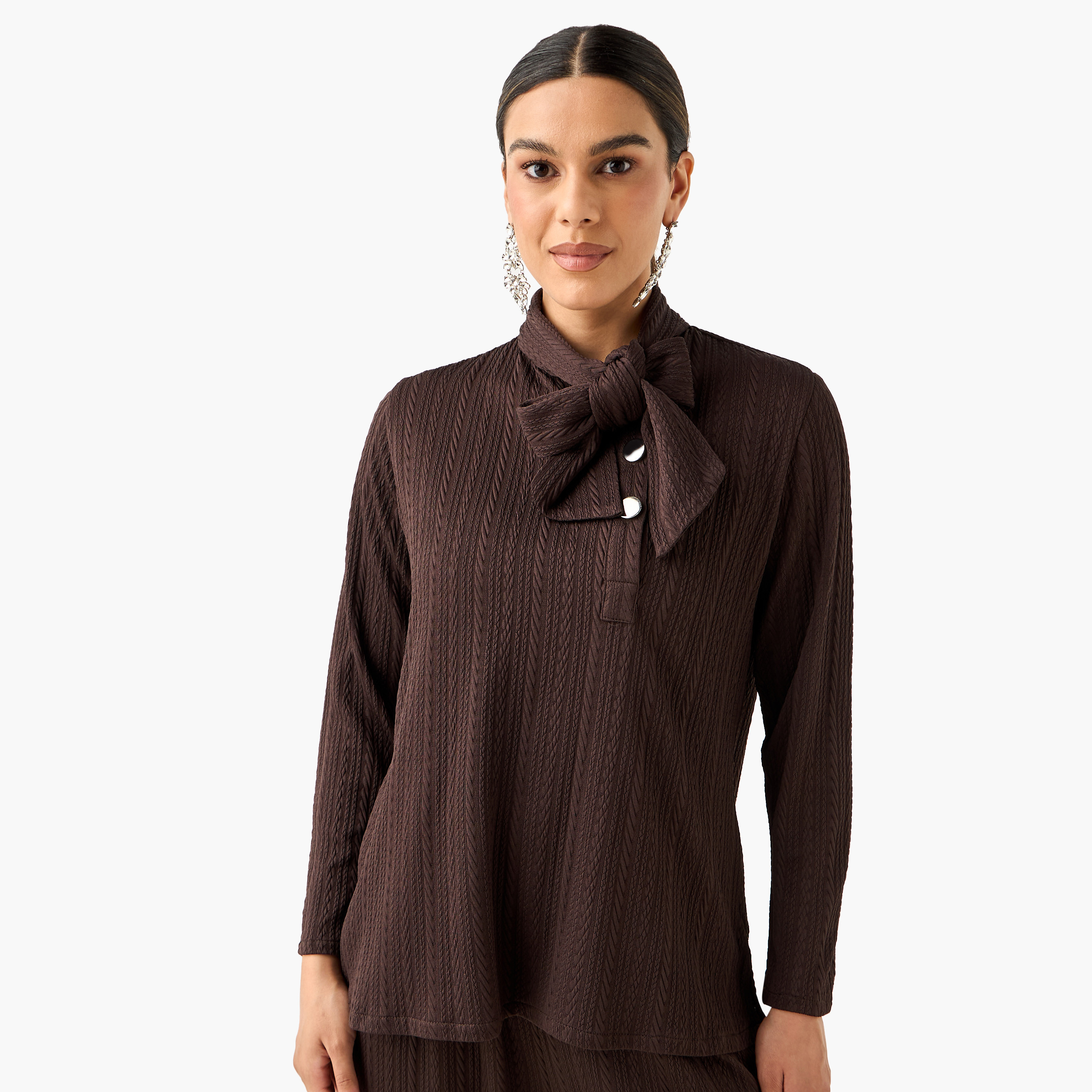 Golden Apple Textured Top with Tie-Up Neck and Pants Set-women-clothing-coordsets-image-2