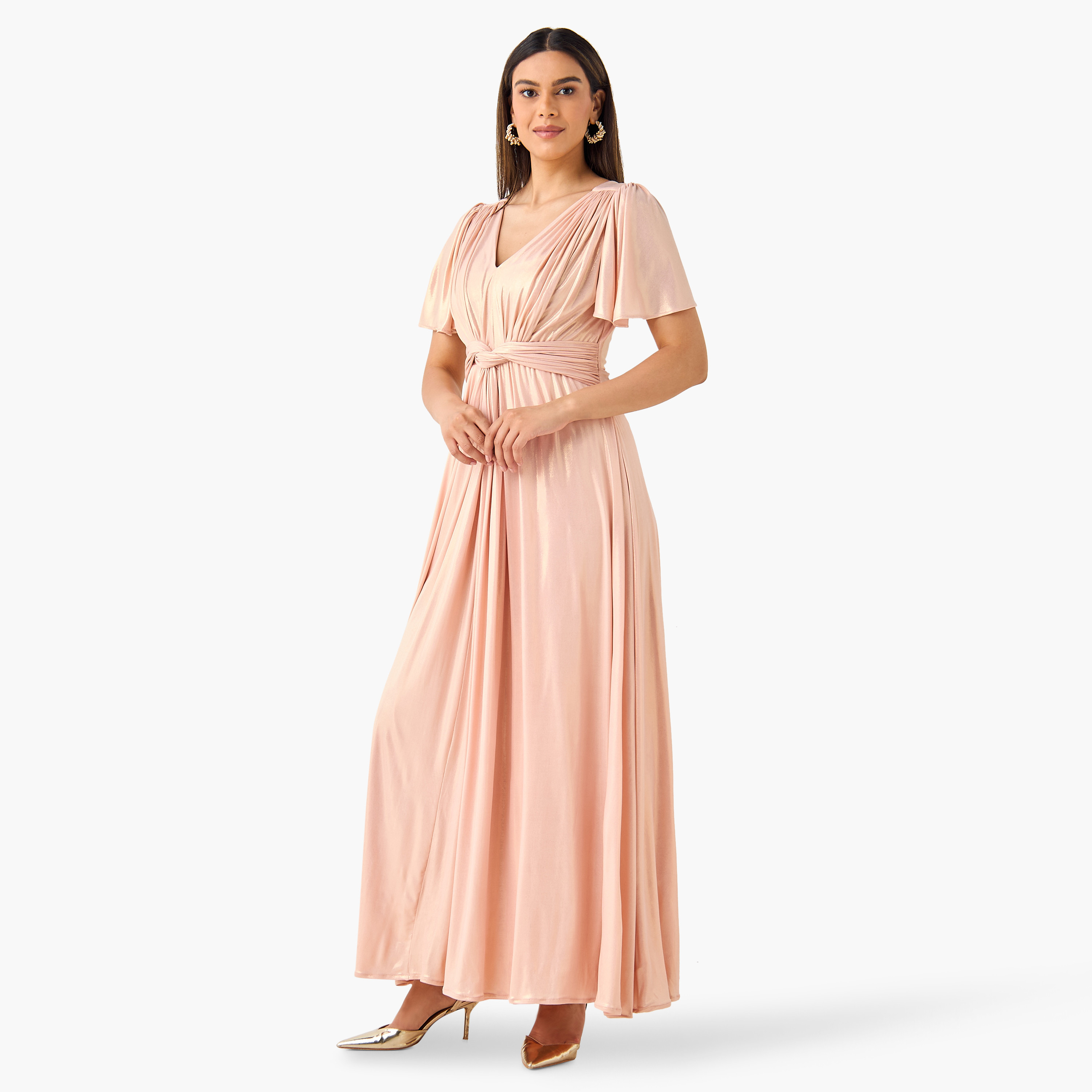 Golden Apple Knot Detail V-neck Dress with Flutter Sleeves-women-clothing-dresses-image-1