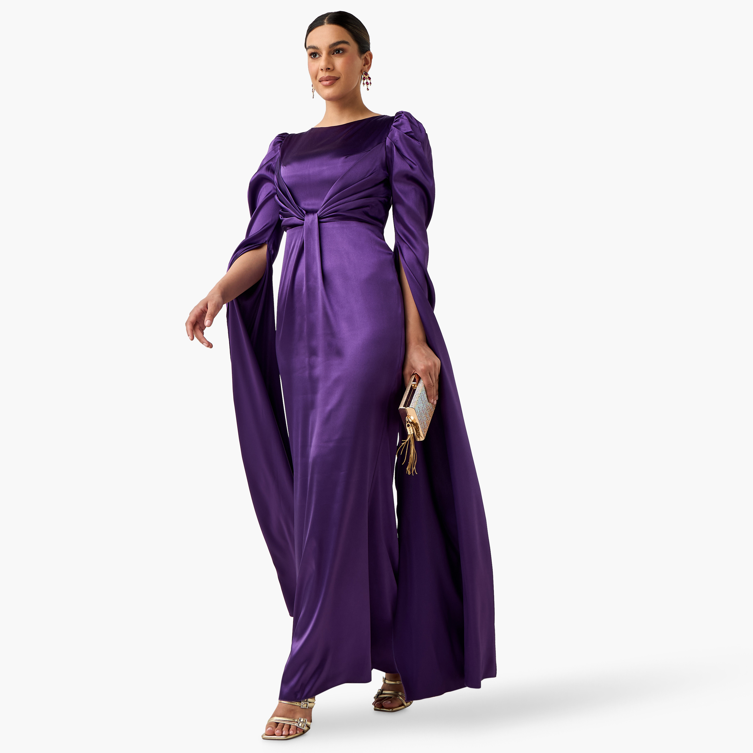 فستان بياقة مستديرة وتفاصيل درابيه وأكمام كيب من جولدن أبل-women-clothing-dresses-image-1