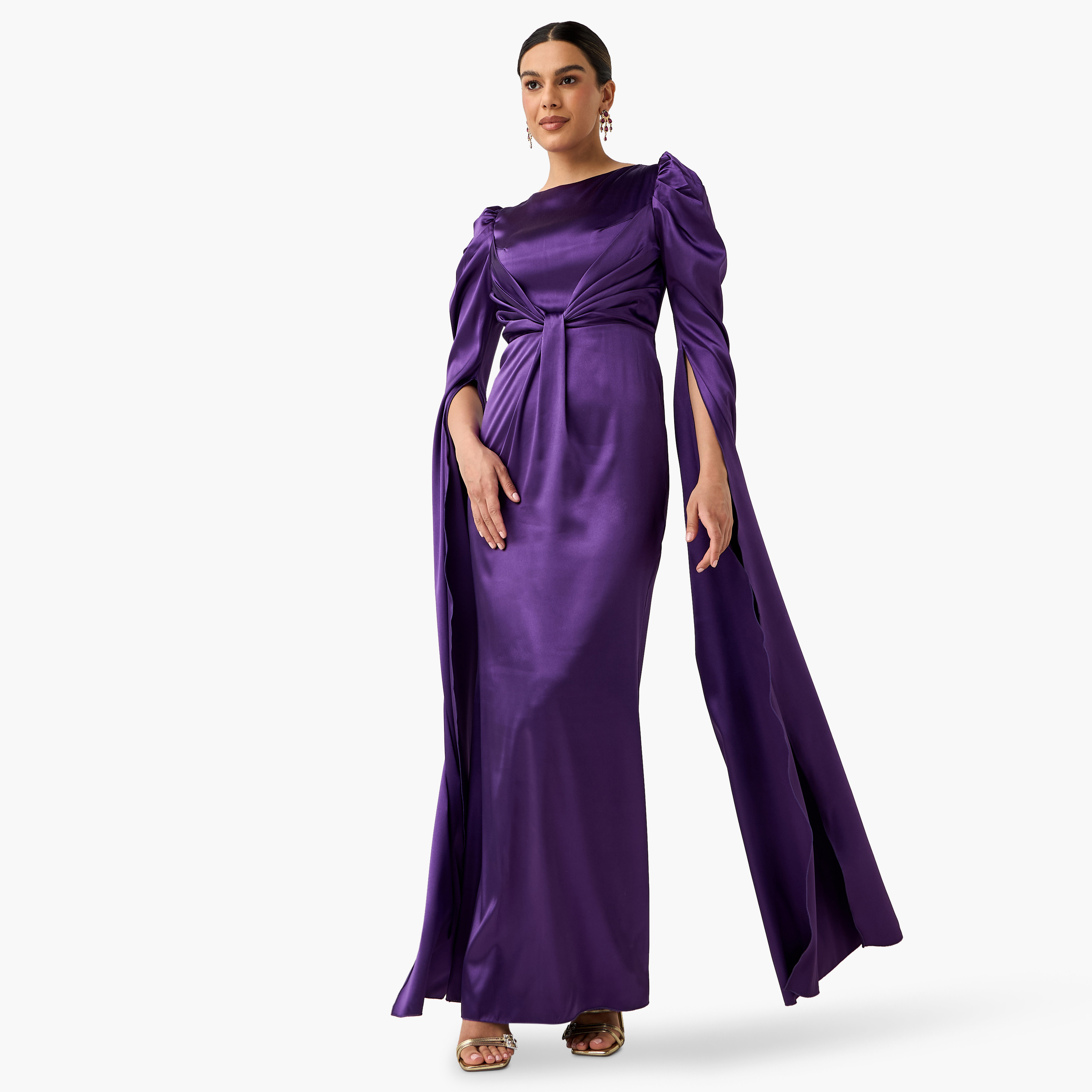 فستان بياقة مستديرة وتفاصيل درابيه وأكمام كيب من جولدن أبل-women-clothing-dresses-image-2