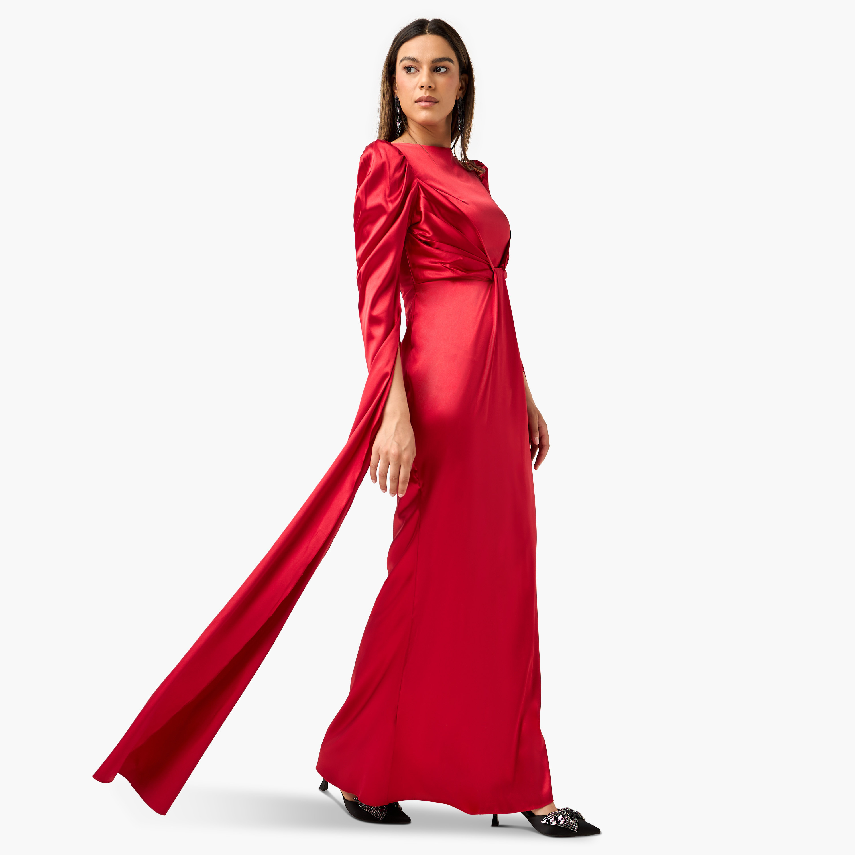 فستان بياقة مستديرة وتفاصيل درابيه وأكمام كيب من جولدن أبل-women-clothing-dresses-image-6