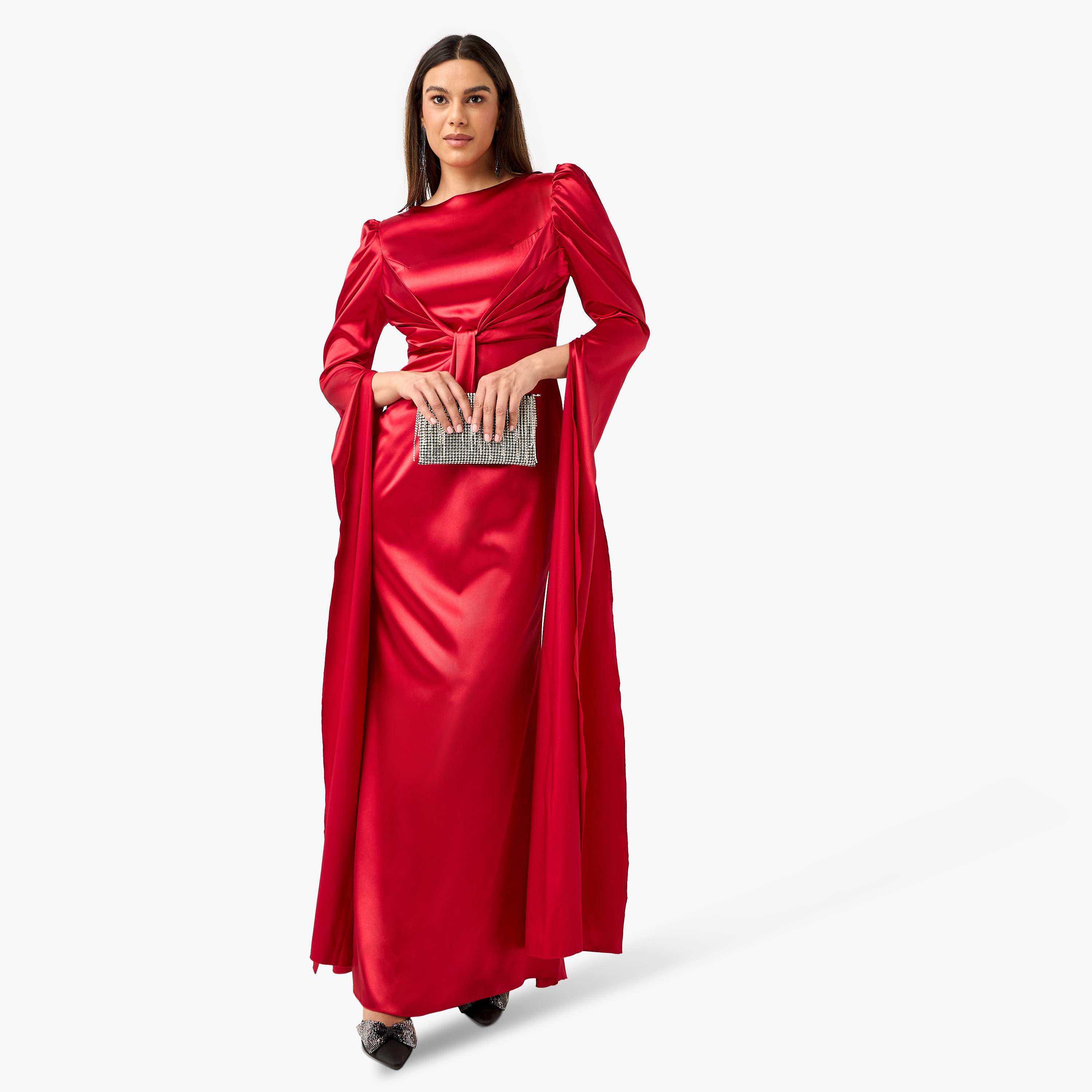 فستان بياقة مستديرة وتفاصيل درابيه وأكمام كيب من جولدن أبل-women-clothing-dresses-image-7