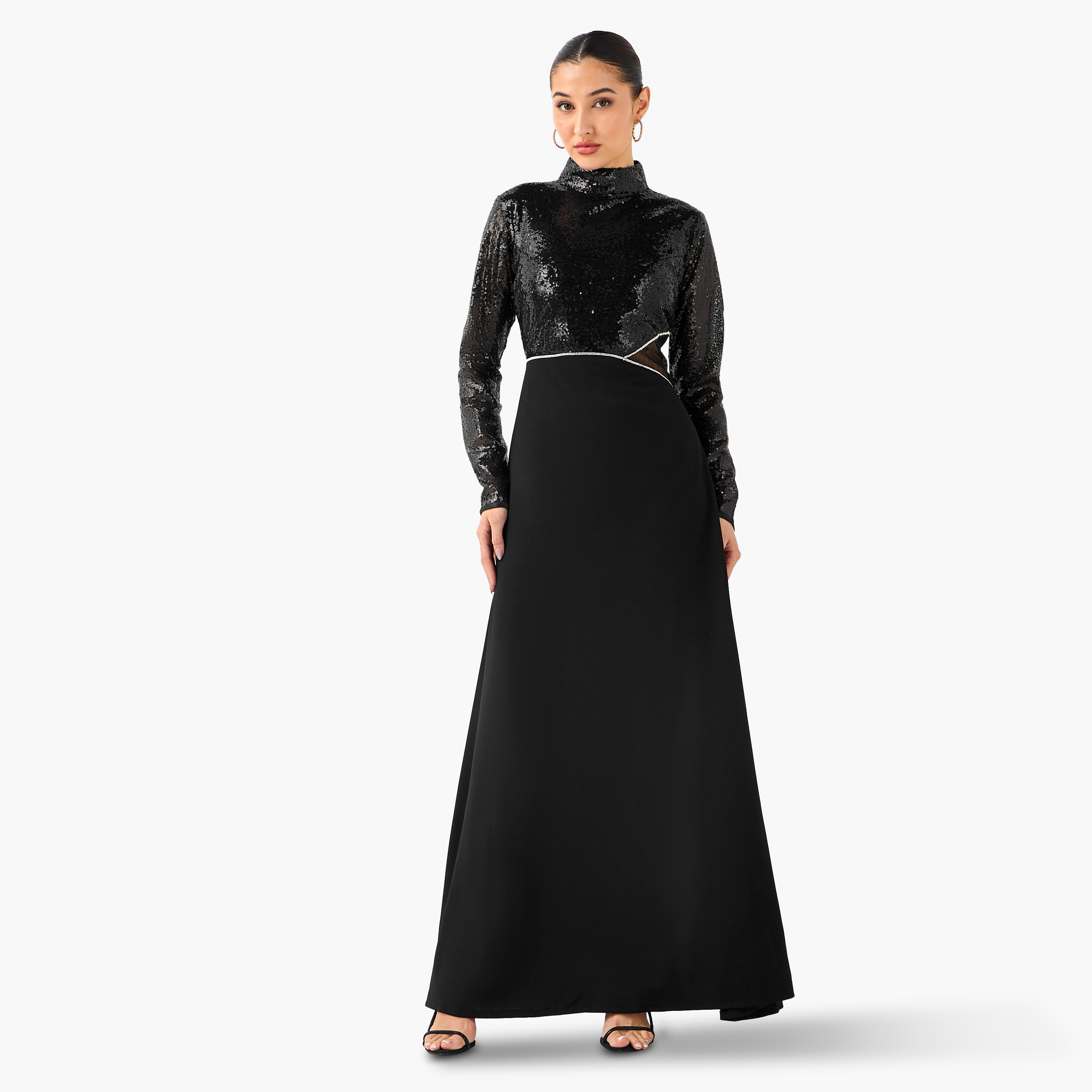 فستان بوليستر ماكسي مزين بياقة عالية من غولدن آبل-women-clothing-dresses-image-2