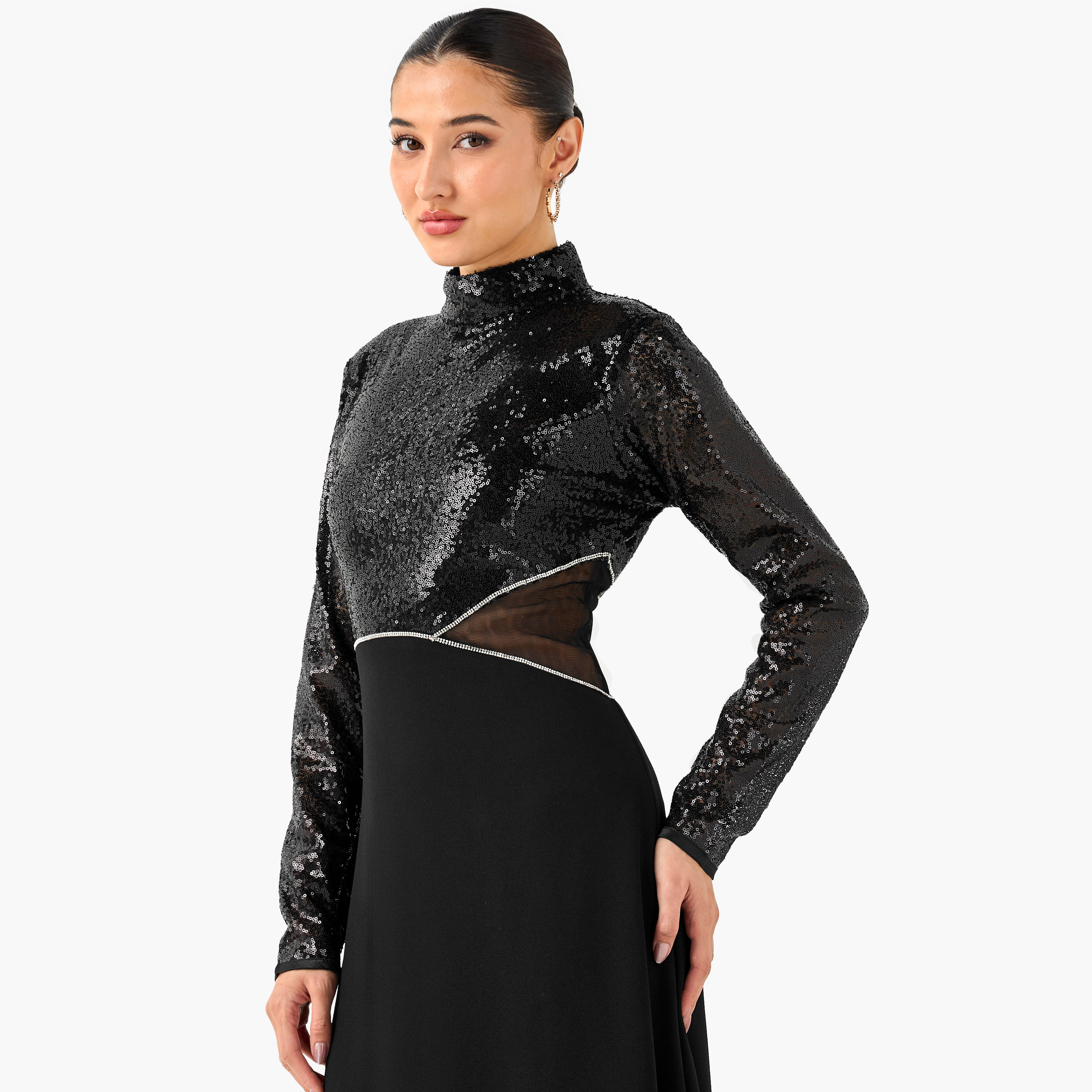 فستان بوليستر ماكسي مزين بياقة عالية من غولدن آبل-women-clothing-dresses-image-4