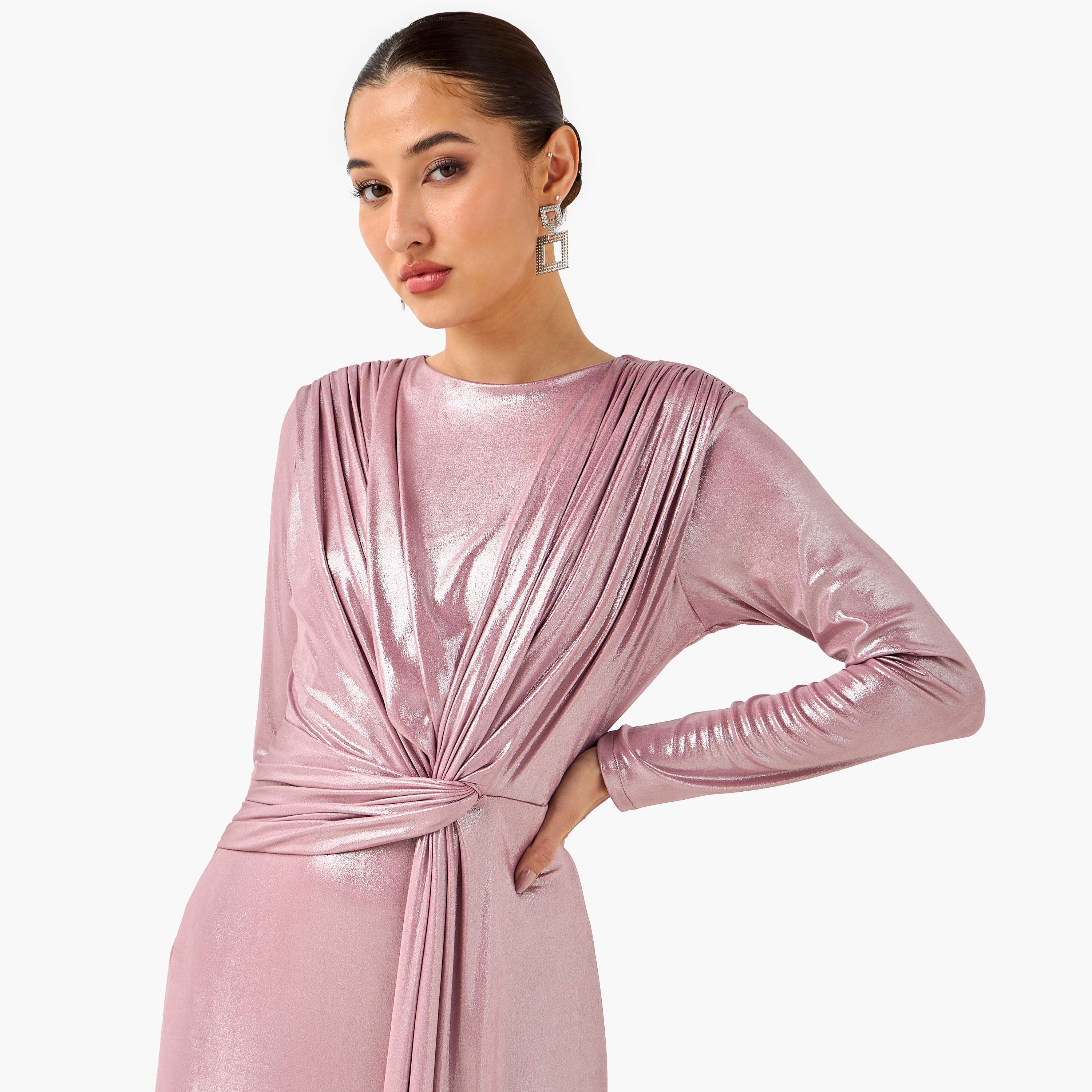 فستان ماكسي بوليستر منسدل مع أكمام طويلة من غولدن آبل-women-clothing-dresses-image-9