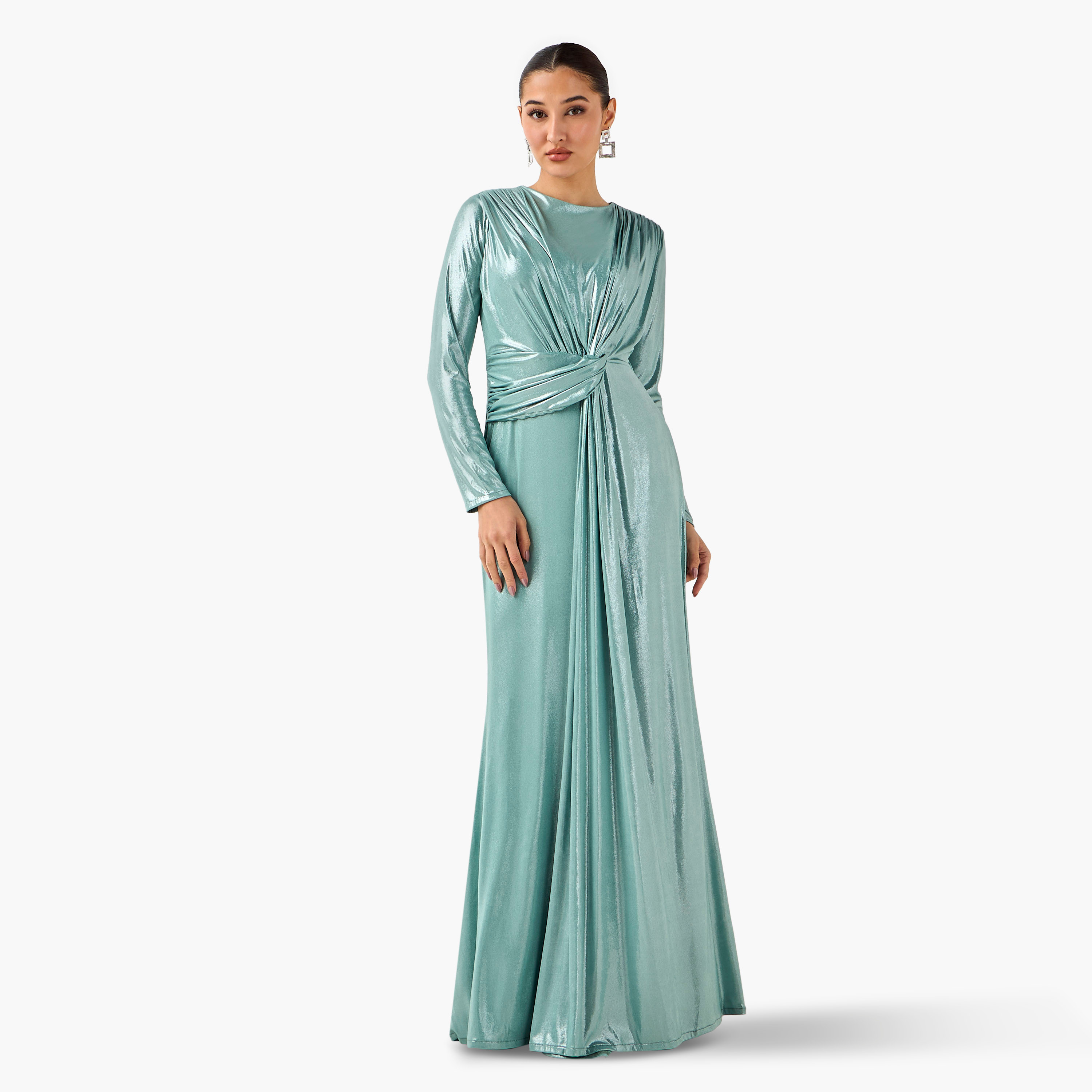 فستان ماكسي بوليستر منسدل مع أكمام طويلة من غولدن آبل-women-clothing-dresses-image-1