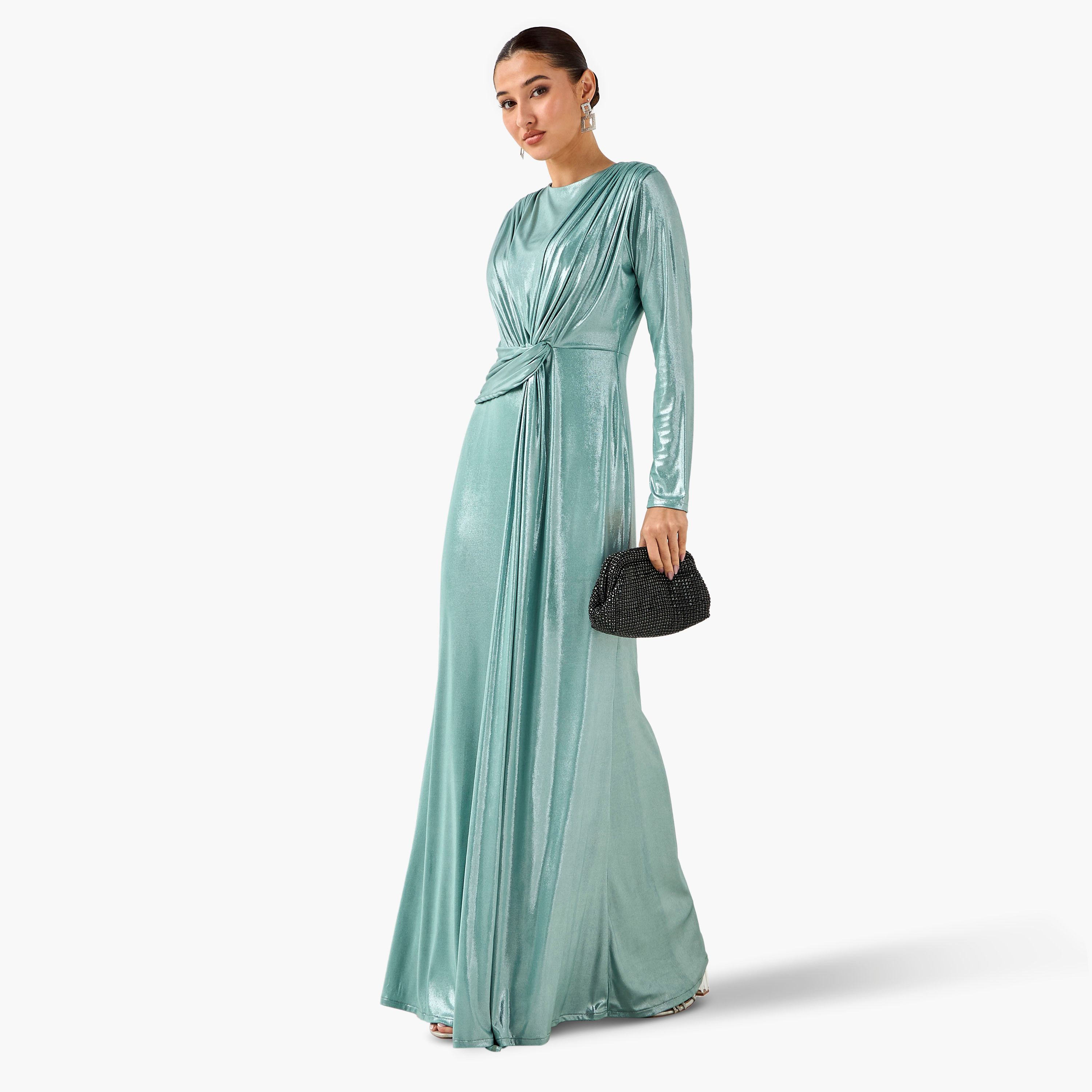 Golden Apple Draped Maxi Polyester Dress with Long Sleeves-women-clothing-dresses-image-2