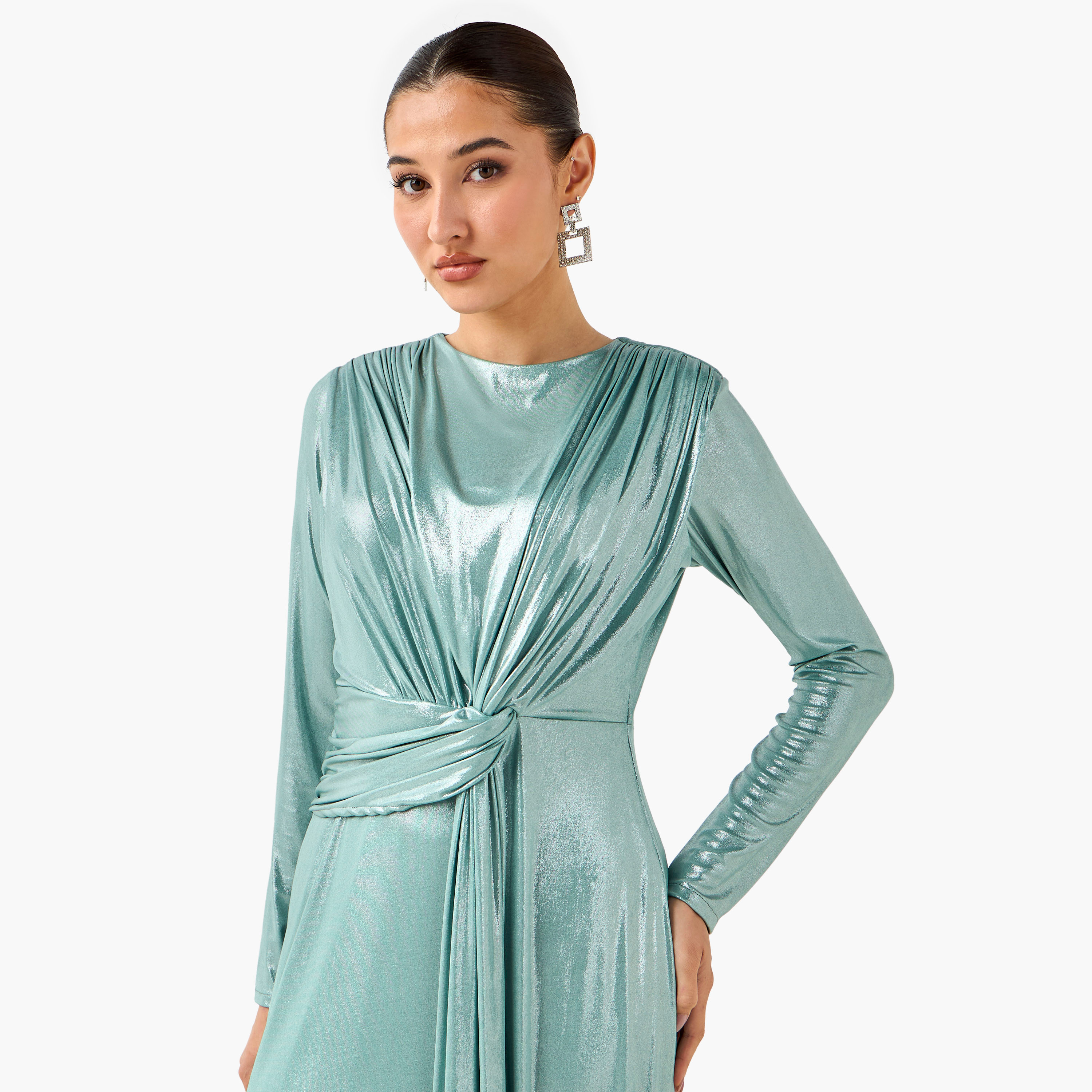 فستان ماكسي بوليستر منسدل مع أكمام طويلة من غولدن آبل-women-clothing-dresses-image-4