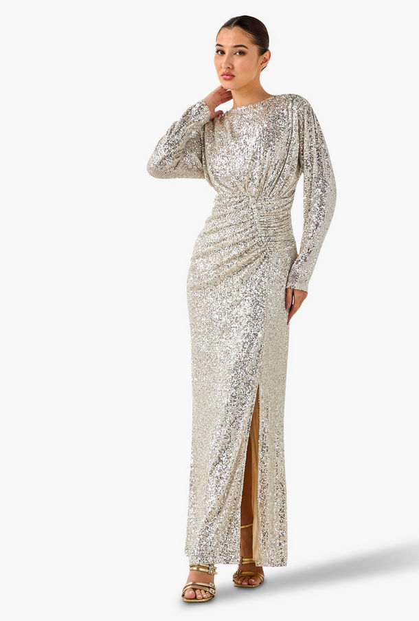 فستان بوليستر ماكسي مزين منسدل مع فتحة من غولدن آبل-women-clothing-image-1