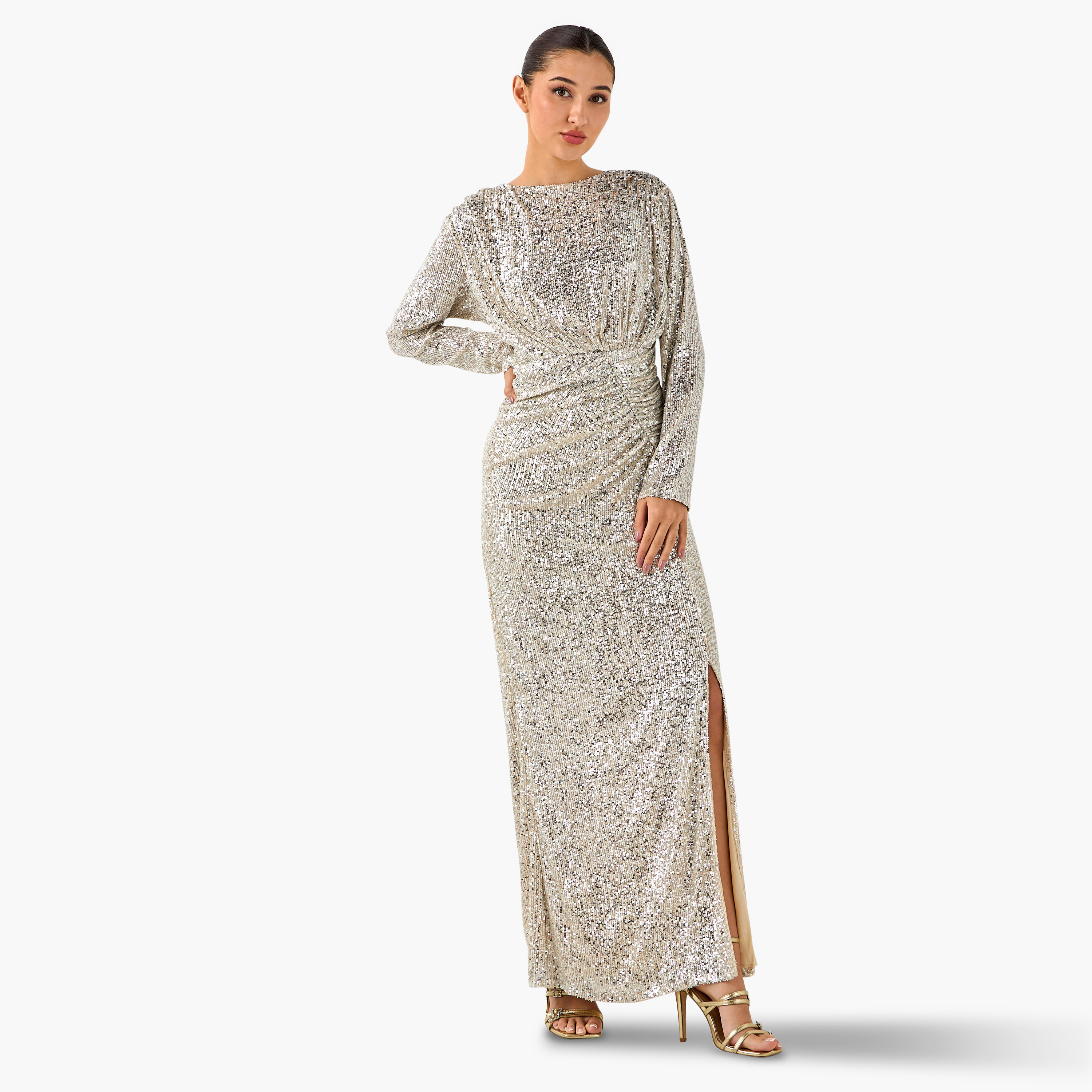 Golden Apple Embellished Draped Maxi Polyester Dress with Slit-women-clothing-dresses-image-2