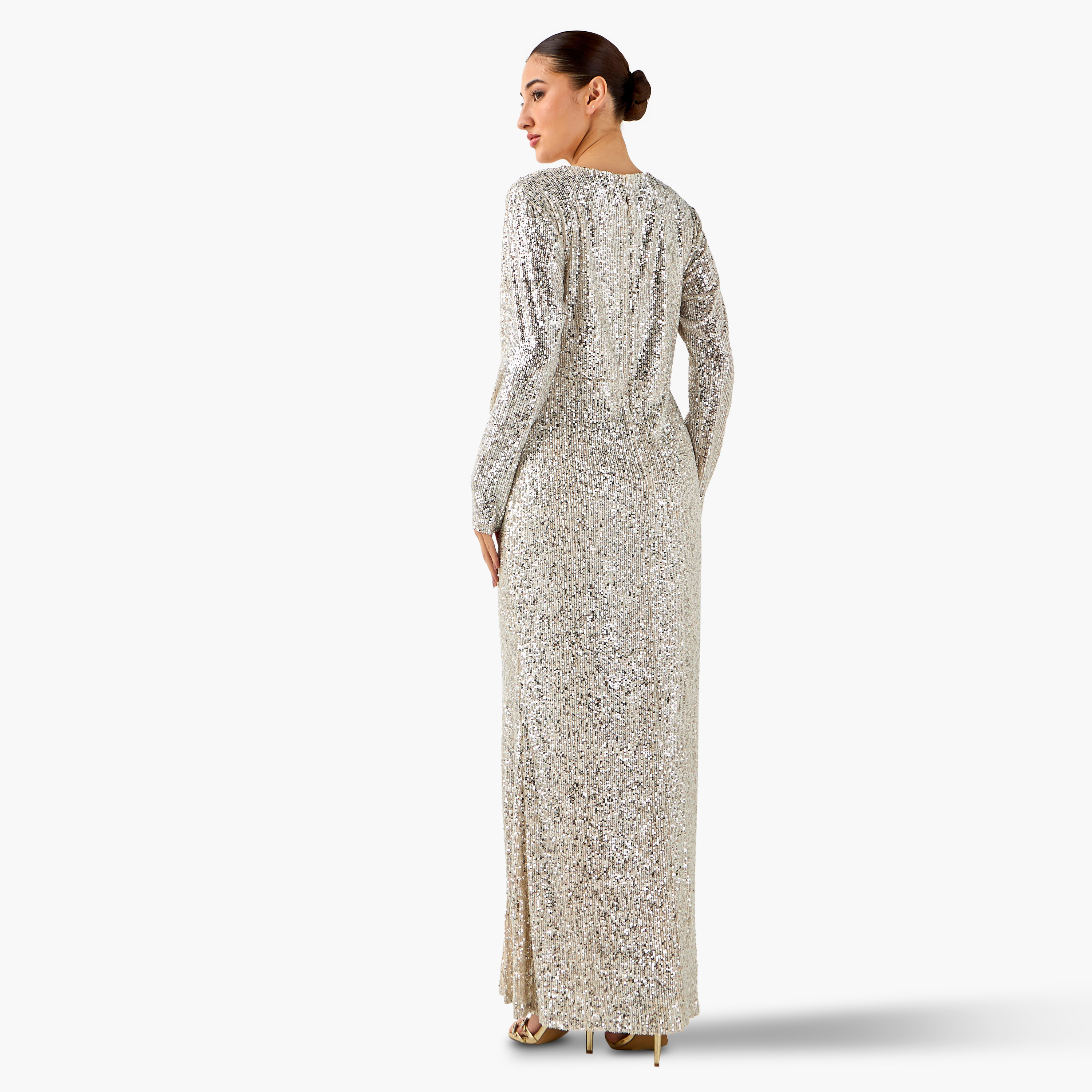 فستان بوليستر ماكسي مزين منسدل مع فتحة من غولدن آبل-women-clothing-dresses-image-3