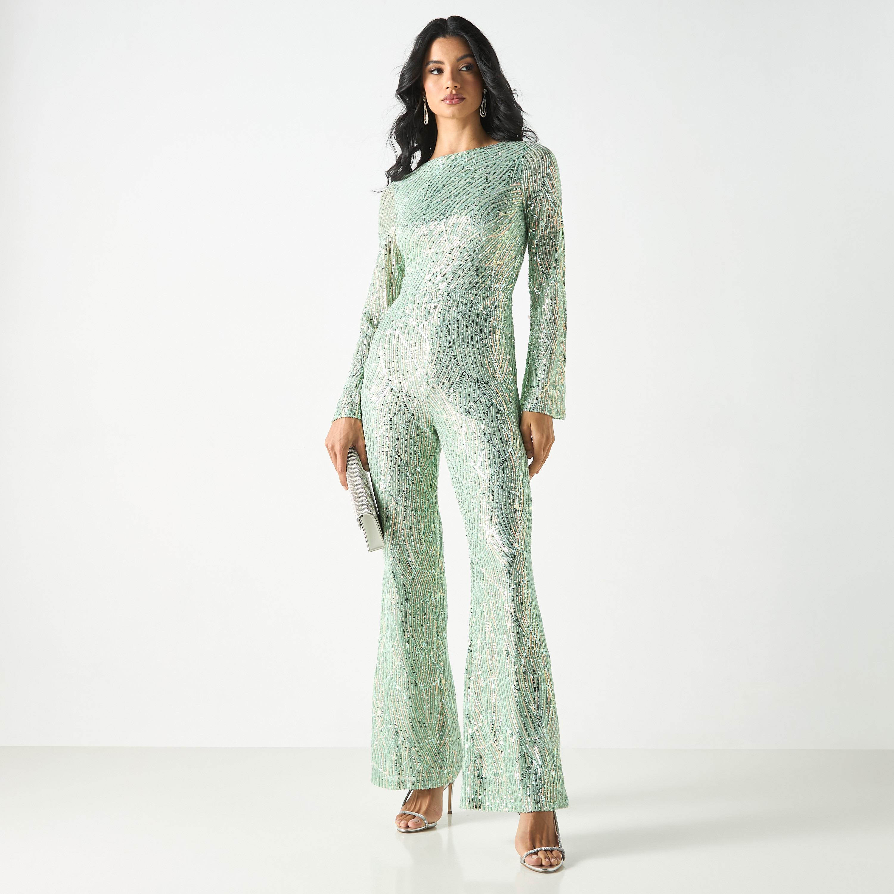 All-Over Embellished Flared Leg Jumpsuit with Long Sleeves-women-clothing-jumpsuits-image-1