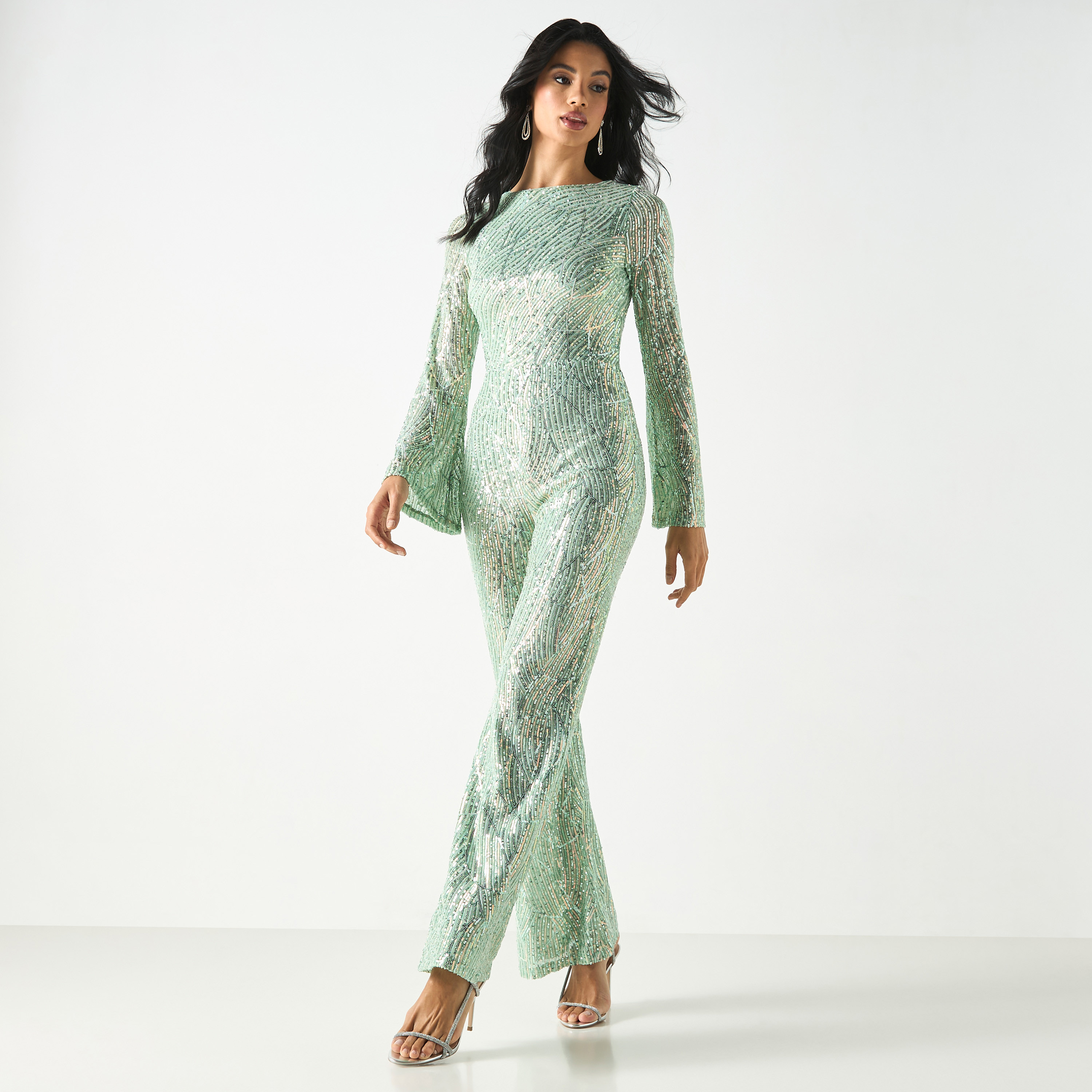 All-Over Embellished Flared Leg Jumpsuit with Long Sleeves-women-clothing-jumpsuits-image-2