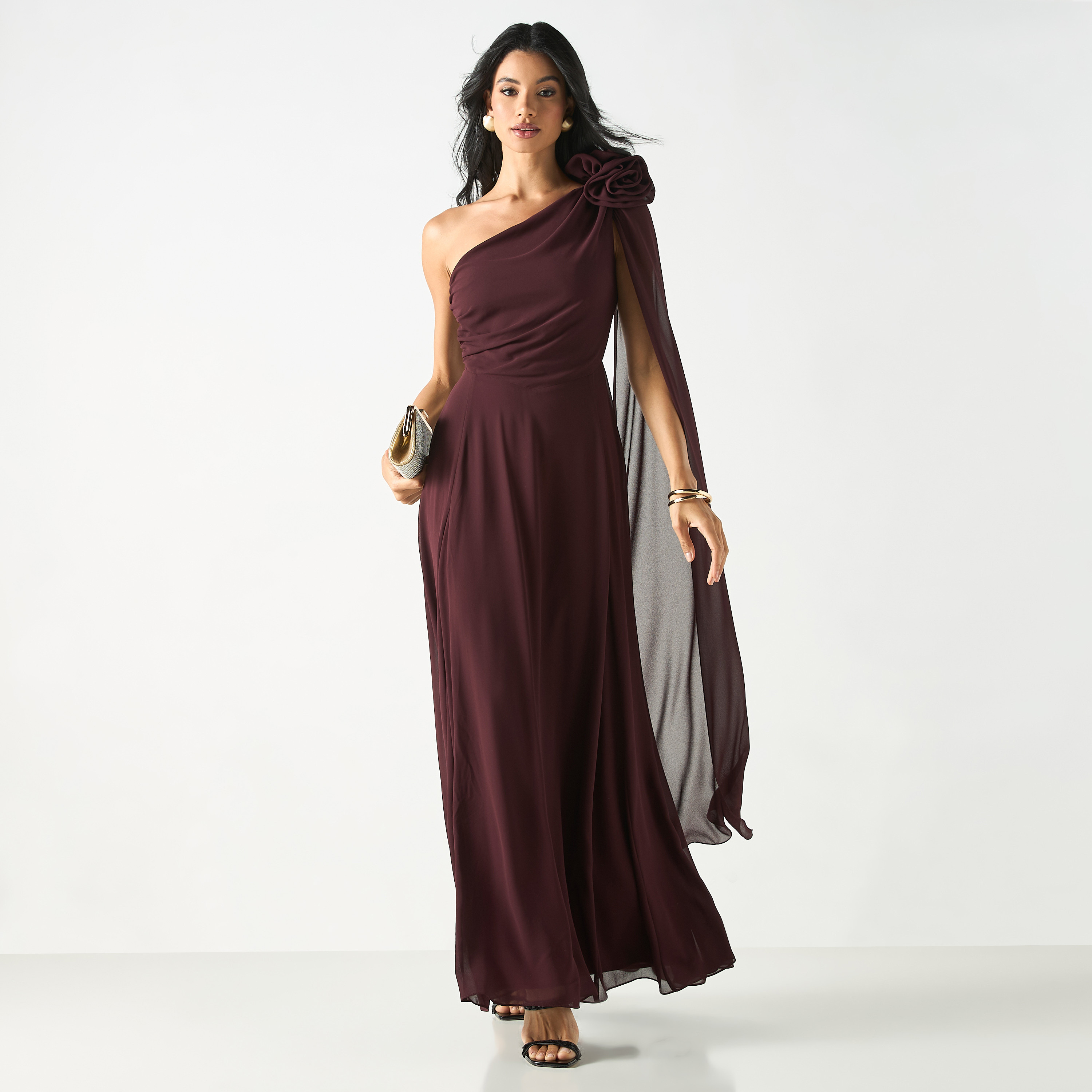 Solid One Shoulder Dress with Floral Accent-women-clothing-dresses-image-1