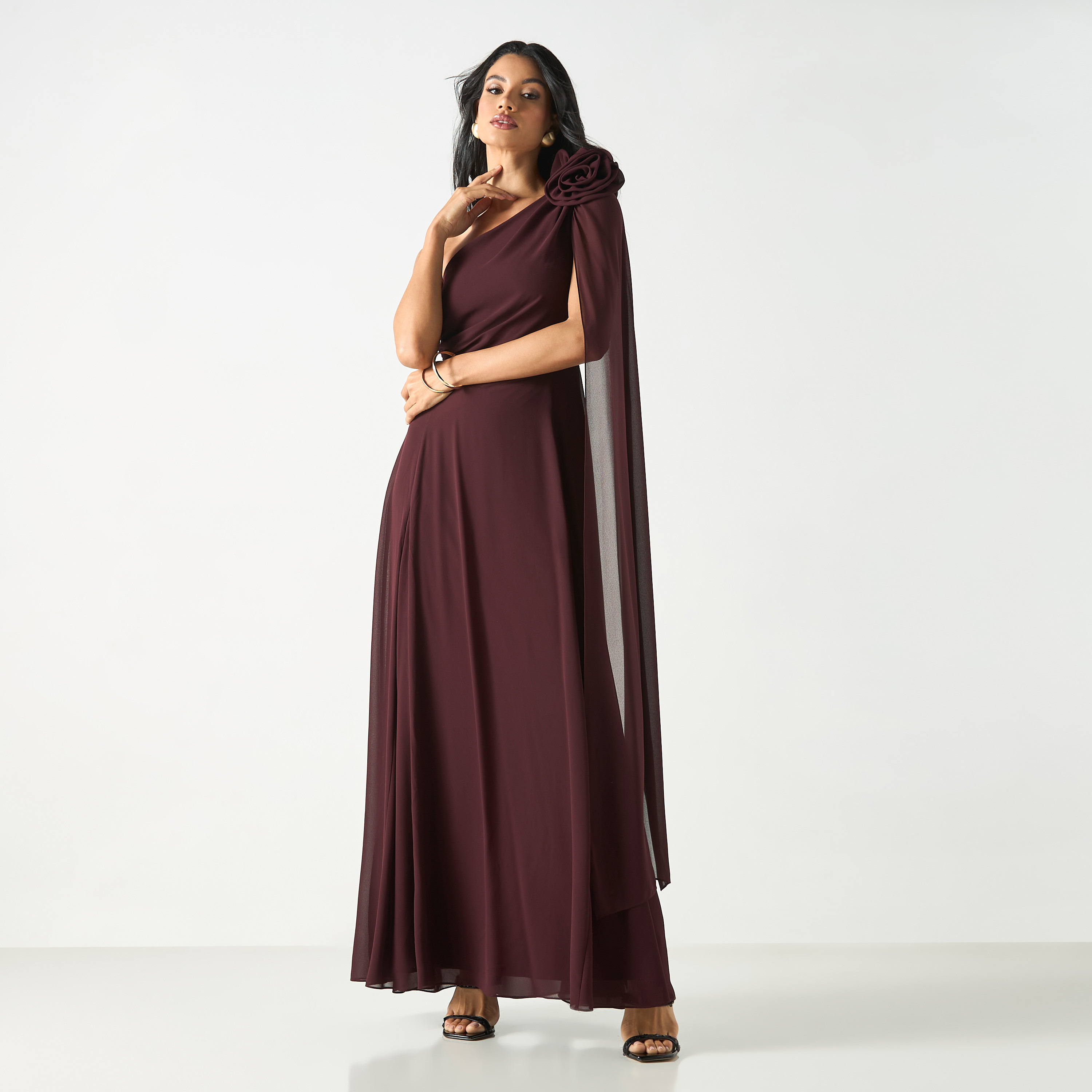 Solid One Shoulder Dress with Floral Accent-women-clothing-dresses-image-2