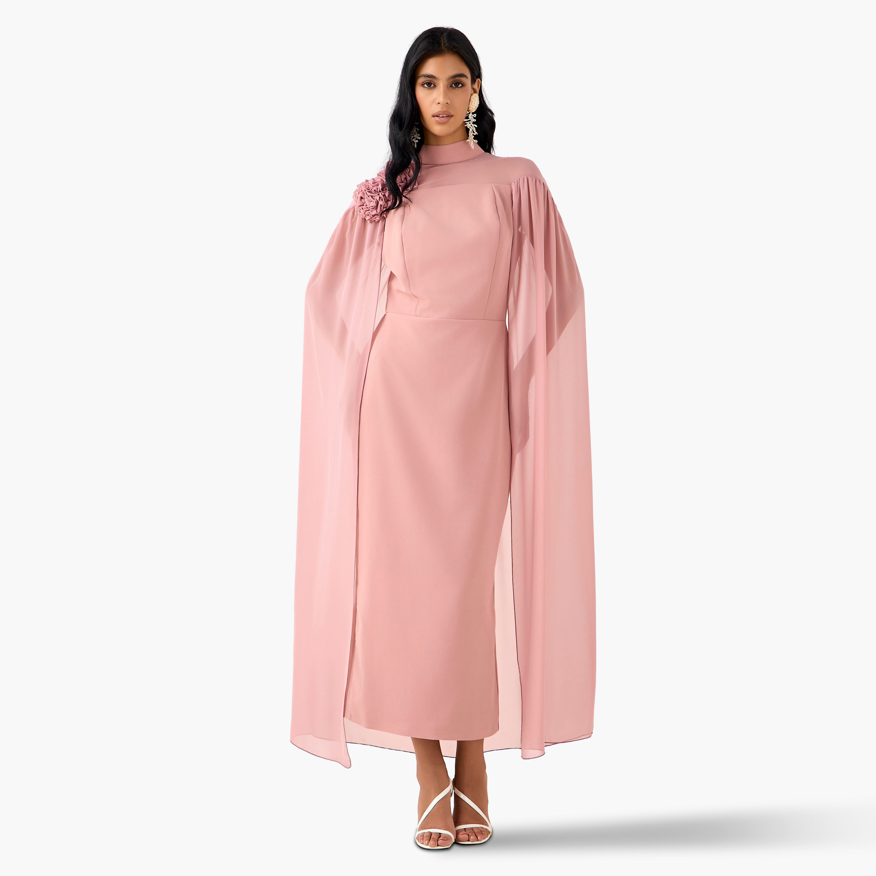 Golden Apple Floral Applique Cape Maxi Polyester Dress with High Neck-women-clothing-dresses-image-1