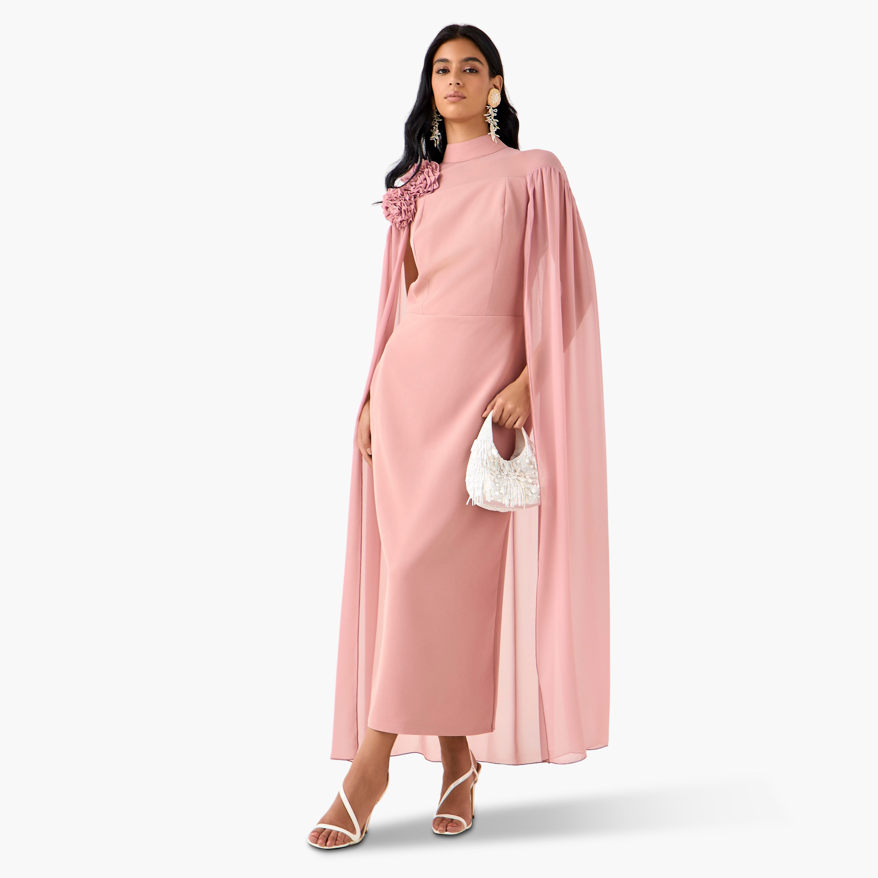 فستان ماكسي كيب بوليستر بزخارف زهور وياقة عالية من جولدن آبل-women-clothing-dresses-image-2