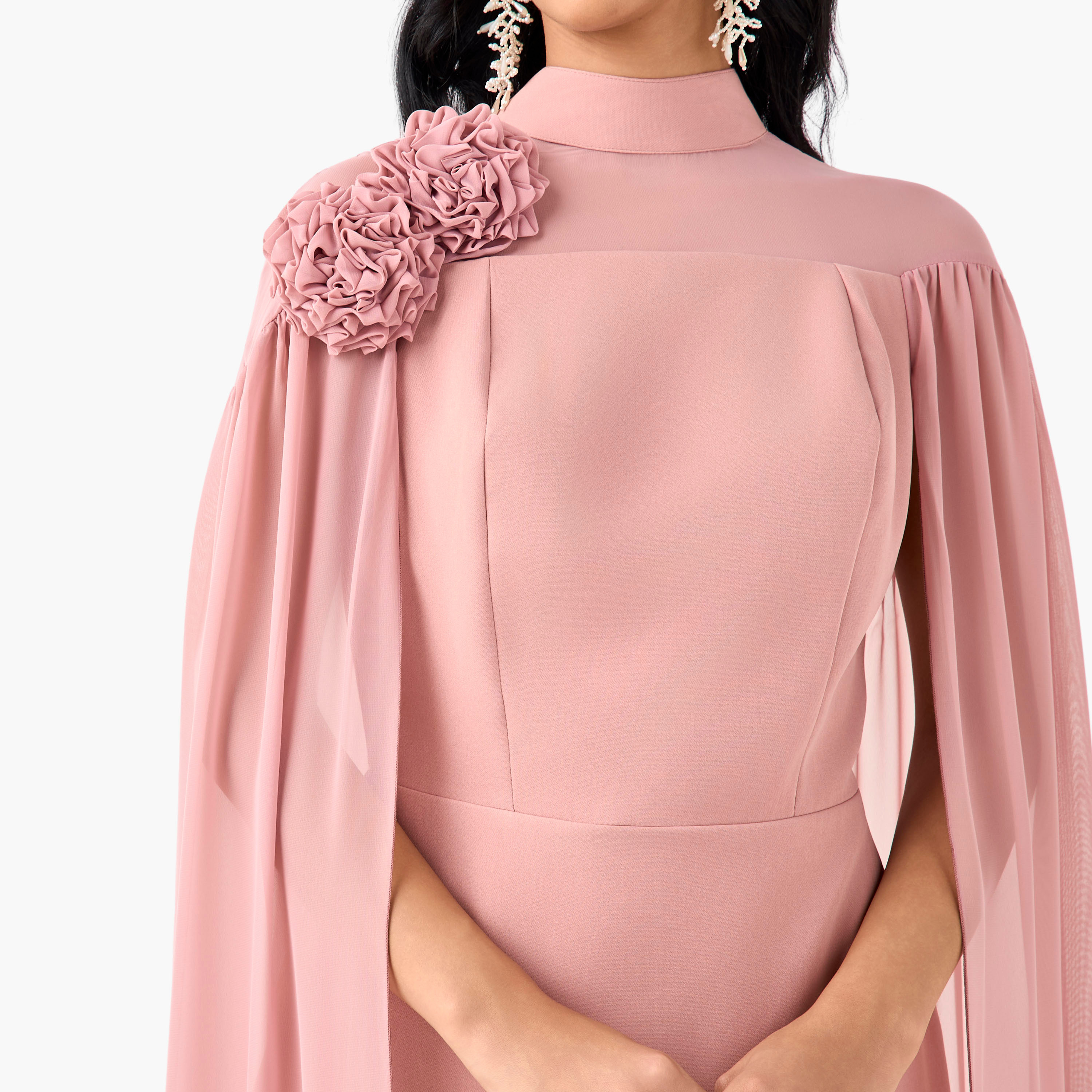 Golden Apple Floral Applique Cape Maxi Polyester Dress with High Neck-women-clothing-dresses-image-6