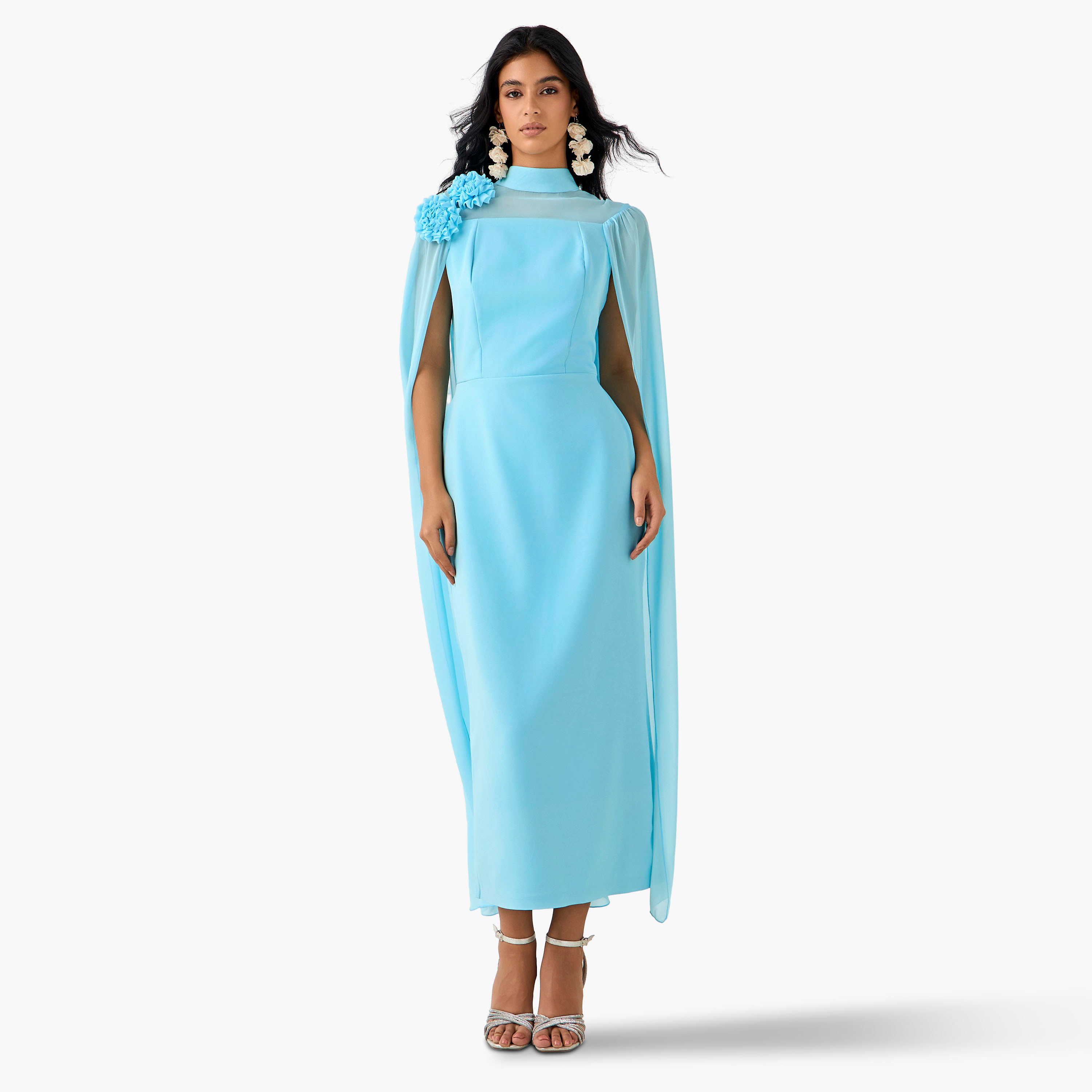 فستان ماكسي كيب بوليستر بزخارف زهور وياقة عالية من جولدن آبل-women-clothing-dresses-image-7