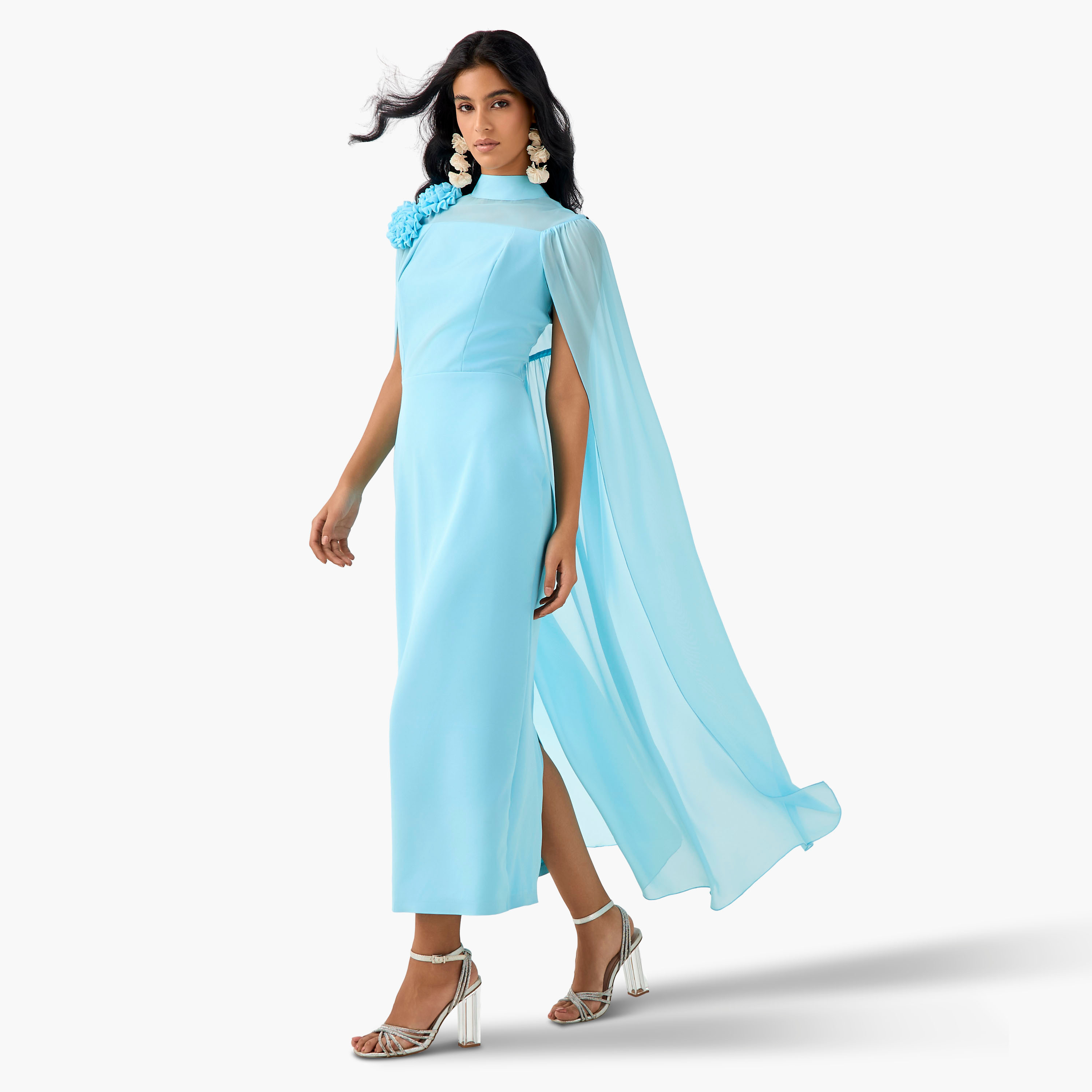 فستان ماكسي كيب بوليستر بزخارف زهور وياقة عالية من جولدن آبل-women-clothing-dresses-image-8