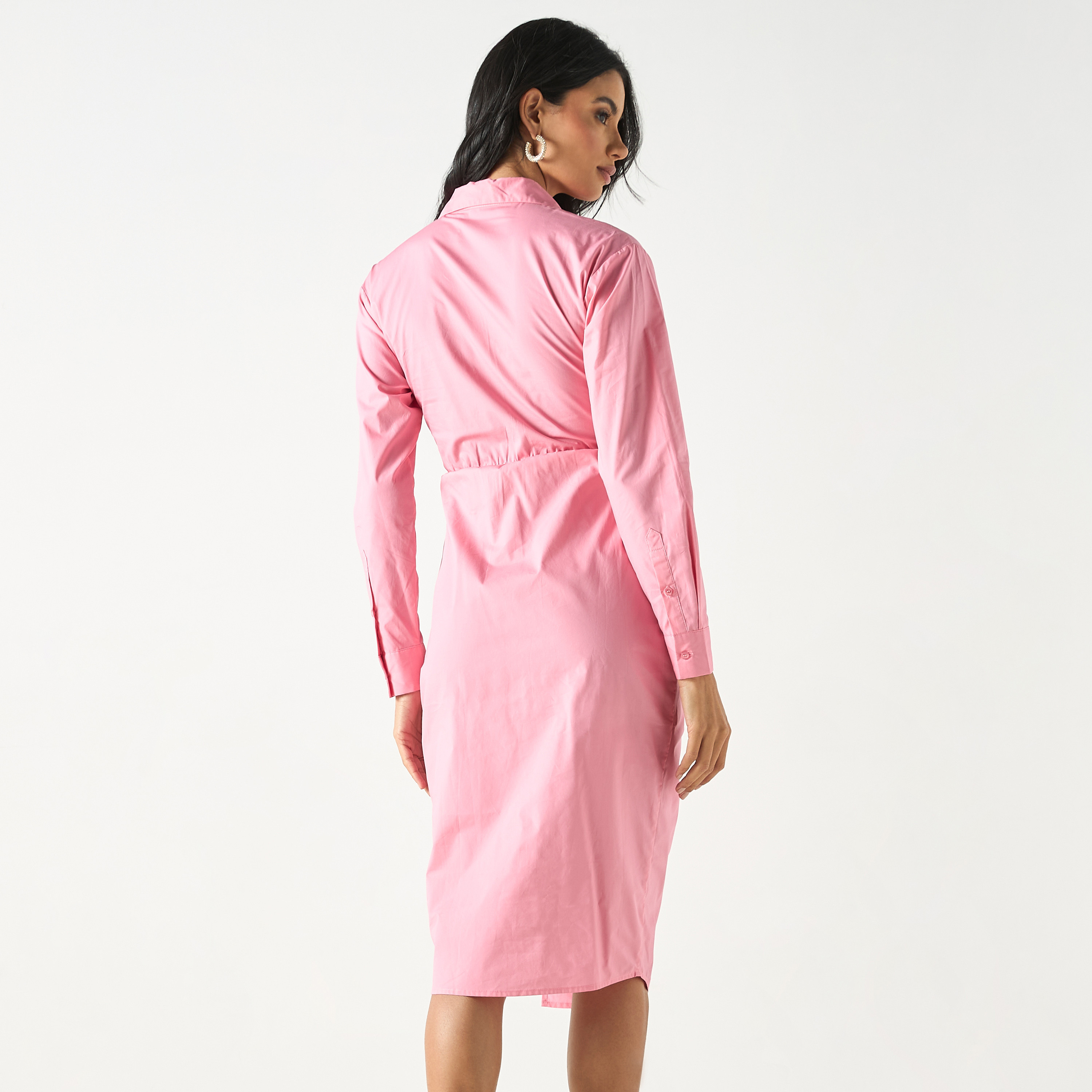 Solid Wrap Style Shirt Dress with Long Sleeves-women-clothing-dresses-image-3