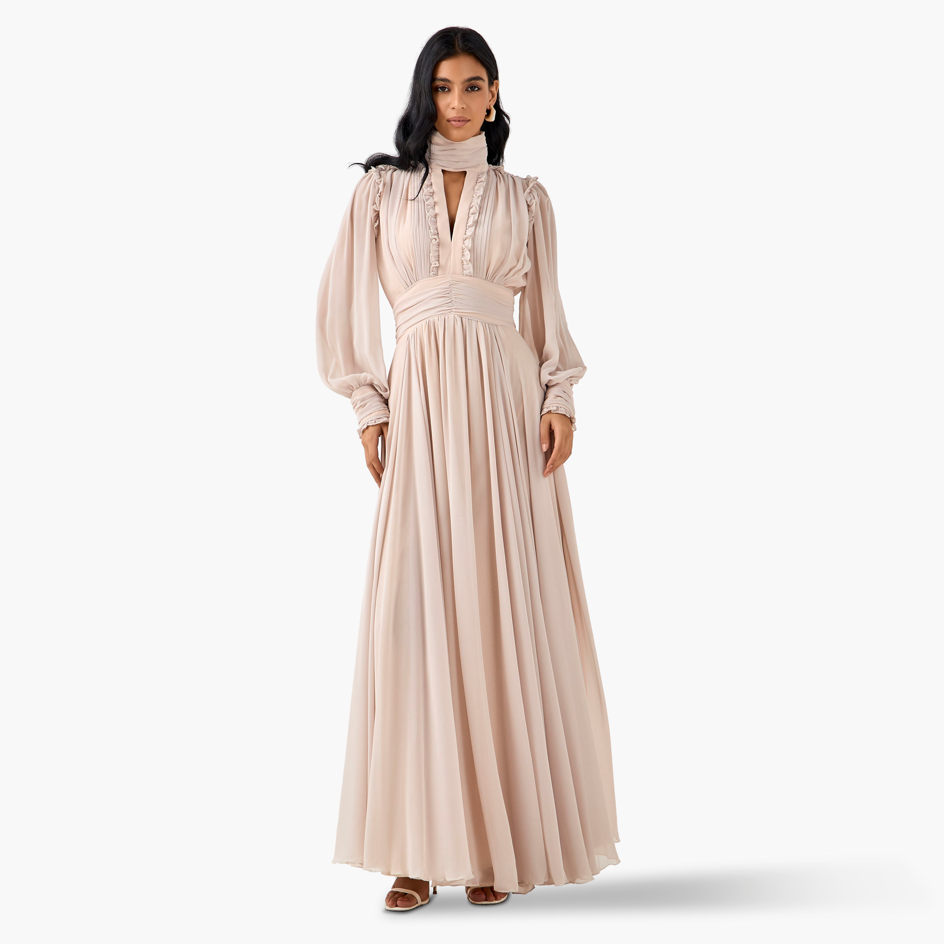 فستان ماكسي بوليستر بثنايا وكشكش وياقة عالية من جولدن أبل-women-clothing-dresses-image-7