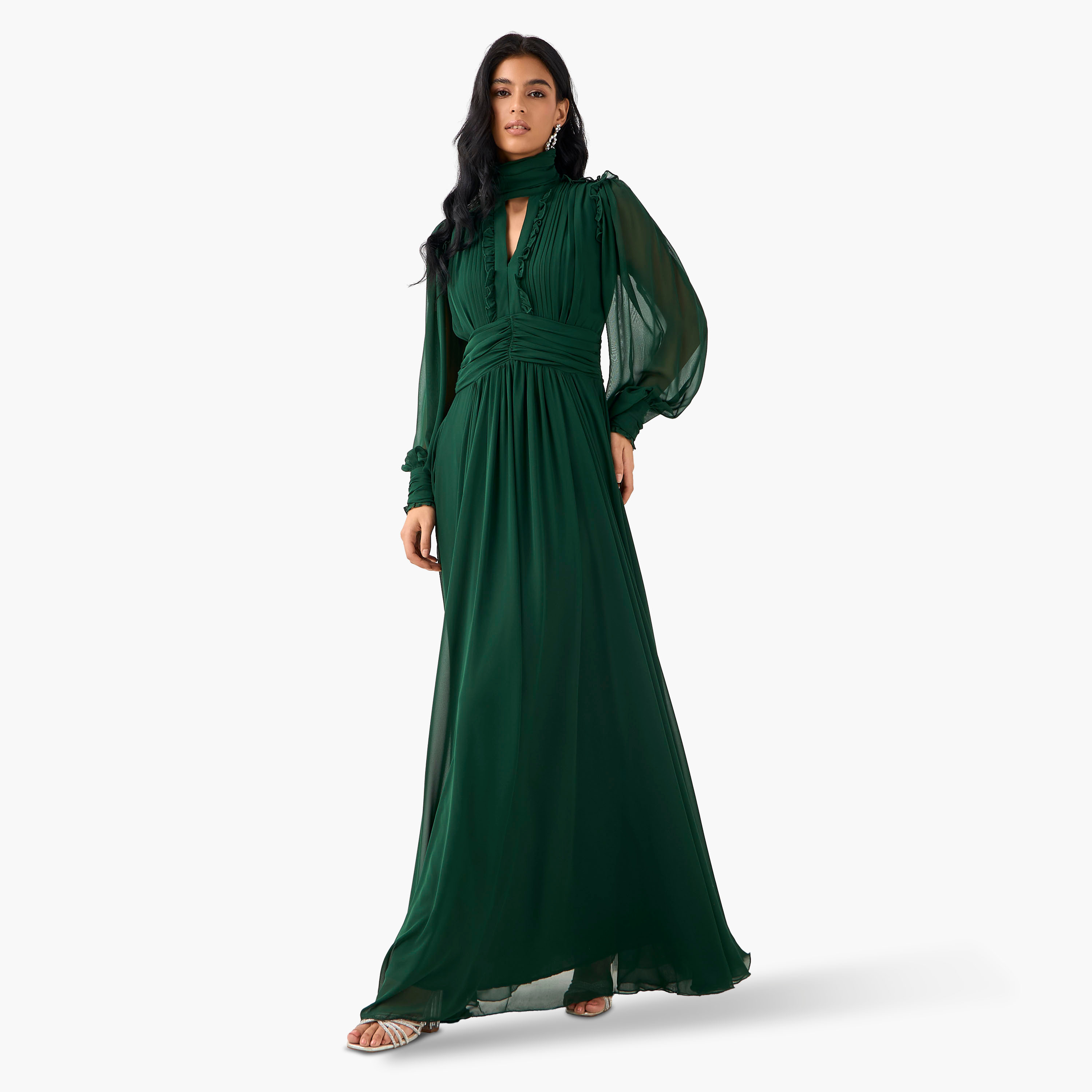 فستان ماكسي بوليستر بثنايا وكشكش وياقة عالية من جولدن أبل-women-clothing-dresses-image-1