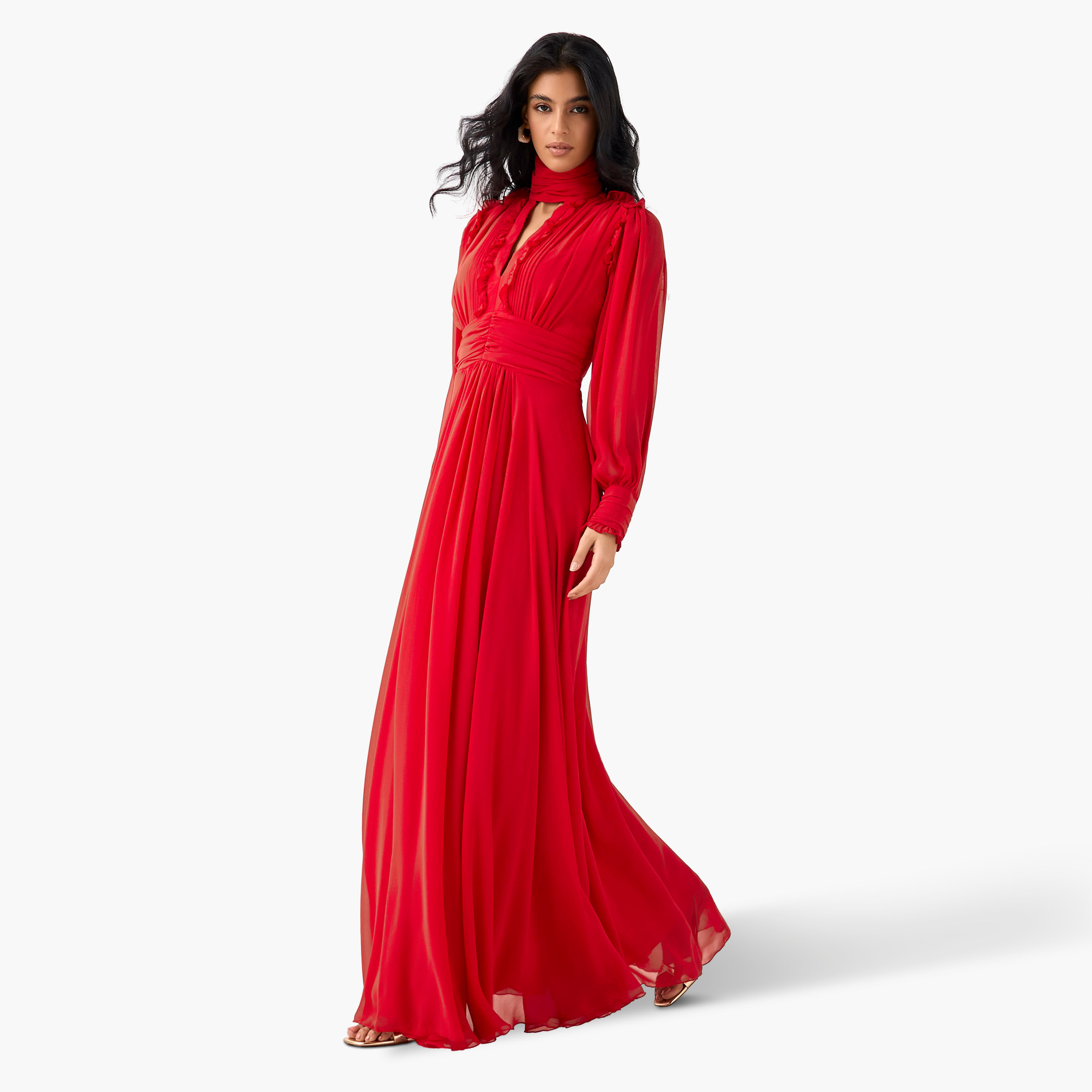 فستان ماكسي بوليستر بثنايا وكشكش وياقة عالية من جولدن أبل-women-clothing-dresses-image-14
