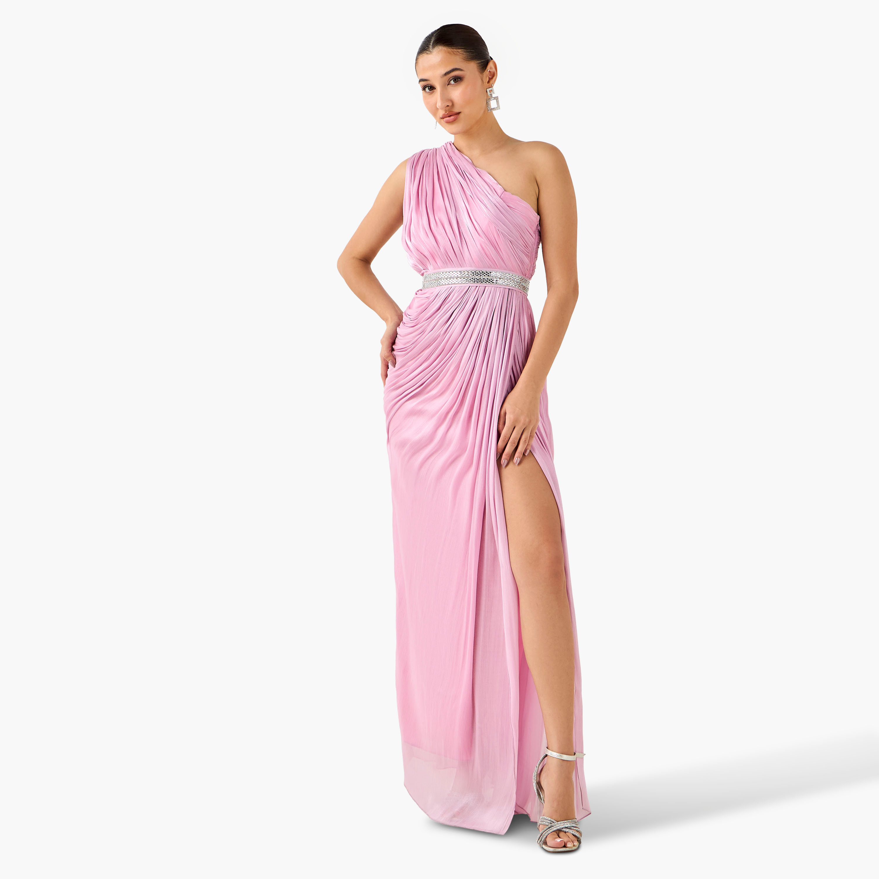 Golden Apple One Shoulder Maxi Polyester Dress with Cape-women-clothing-dresses-image-4