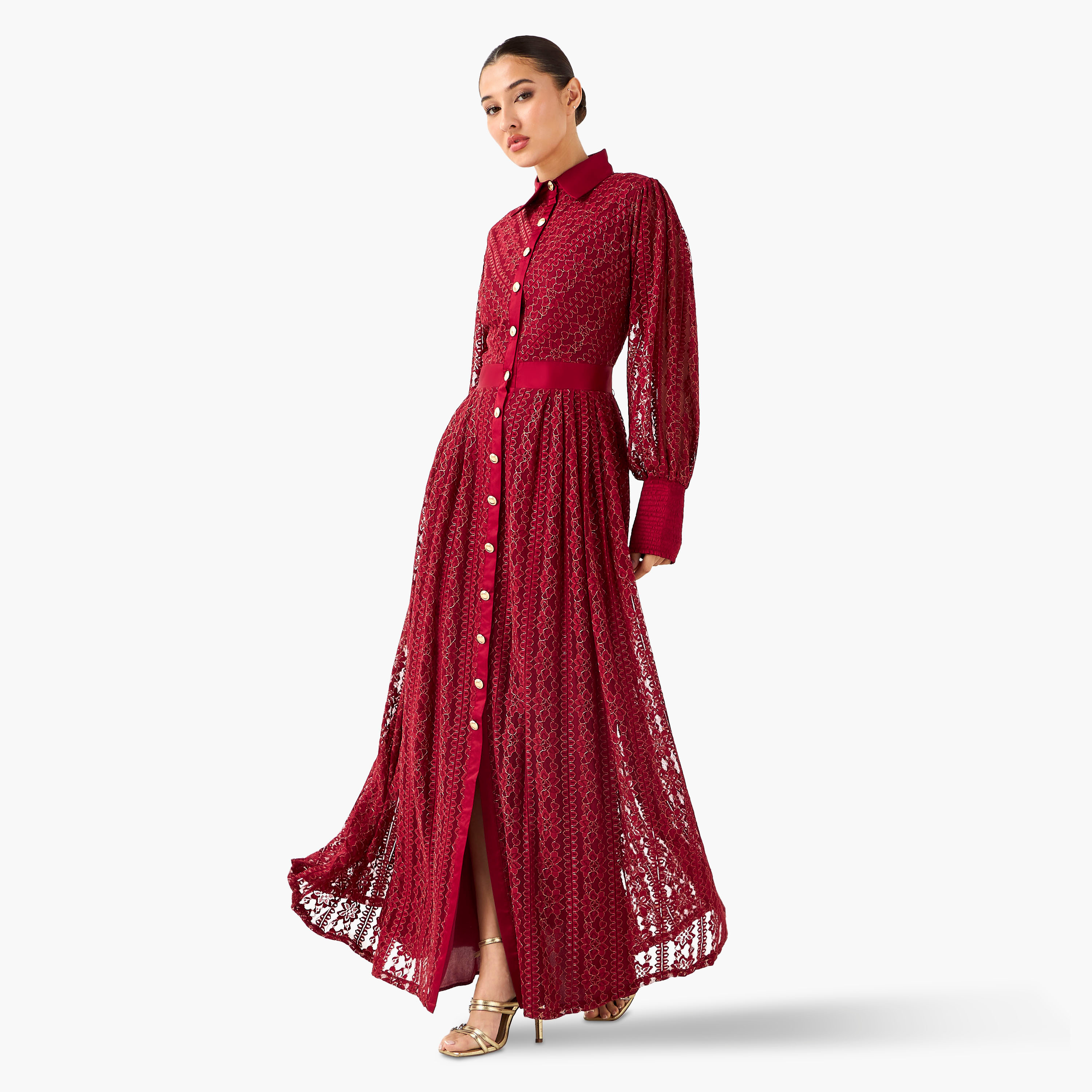 Golden Apple Pleated Maxi Polyester Dress with Collar-women-clothing-dresses-image-1