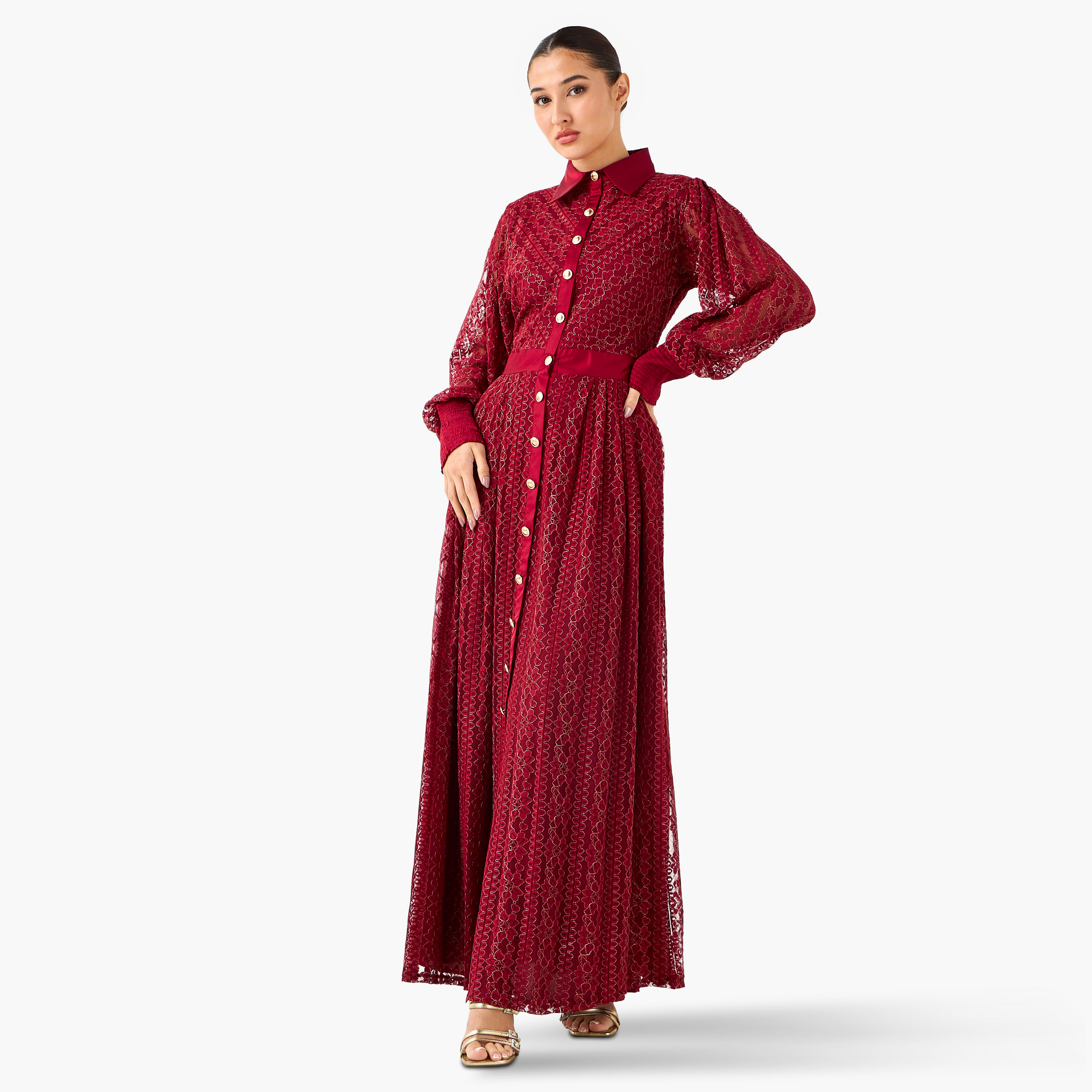 Golden Apple Pleated Maxi Polyester Dress with Collar-women-clothing-dresses-image-2