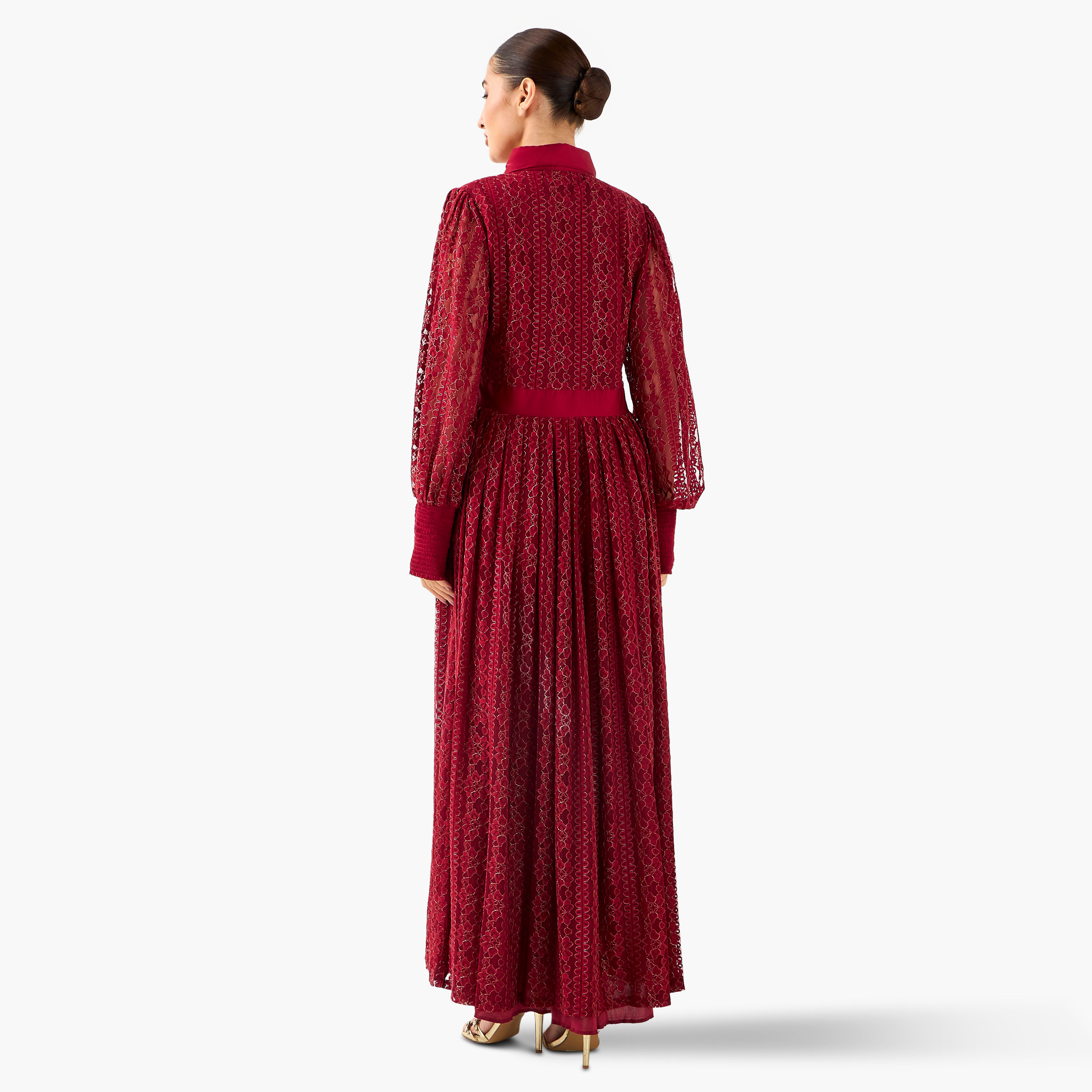 Golden Apple Pleated Maxi Polyester Dress with Collar-women-clothing-dresses-image-3