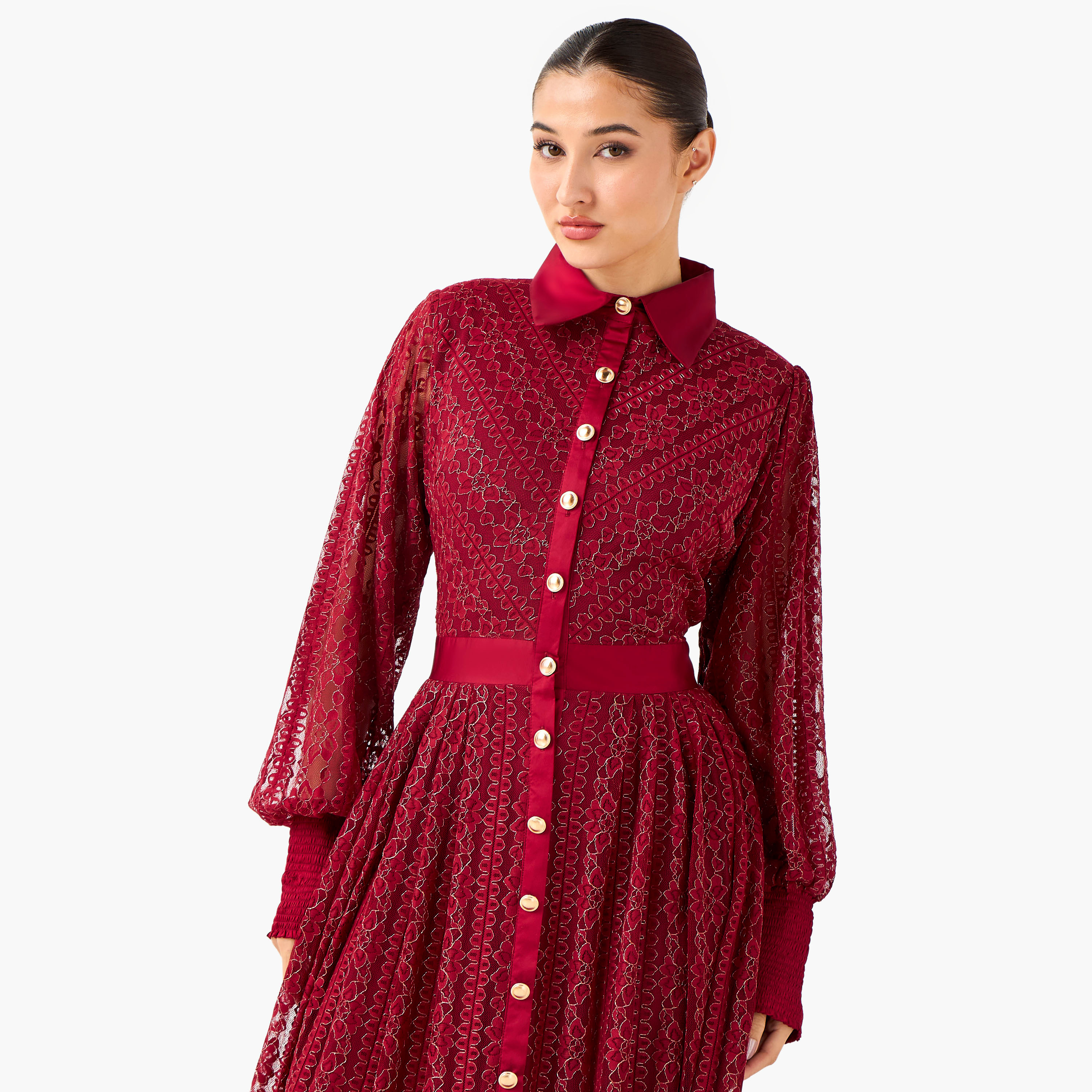 Golden Apple Pleated Maxi Polyester Dress with Collar-women-clothing-dresses-image-4