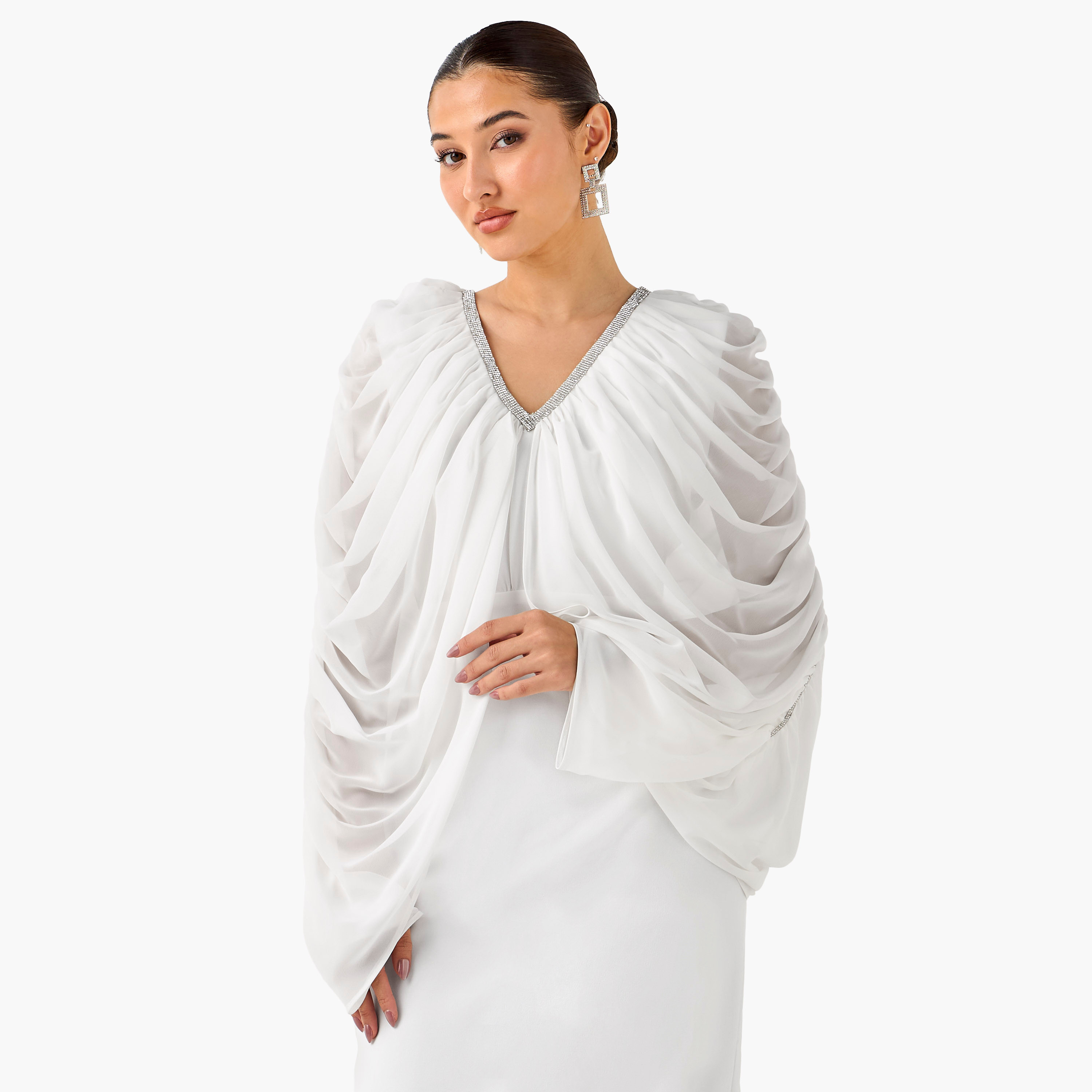Golden Apple Ruched Maxi Polyester Dress with V-neck-women-clothing-dresses-image-4