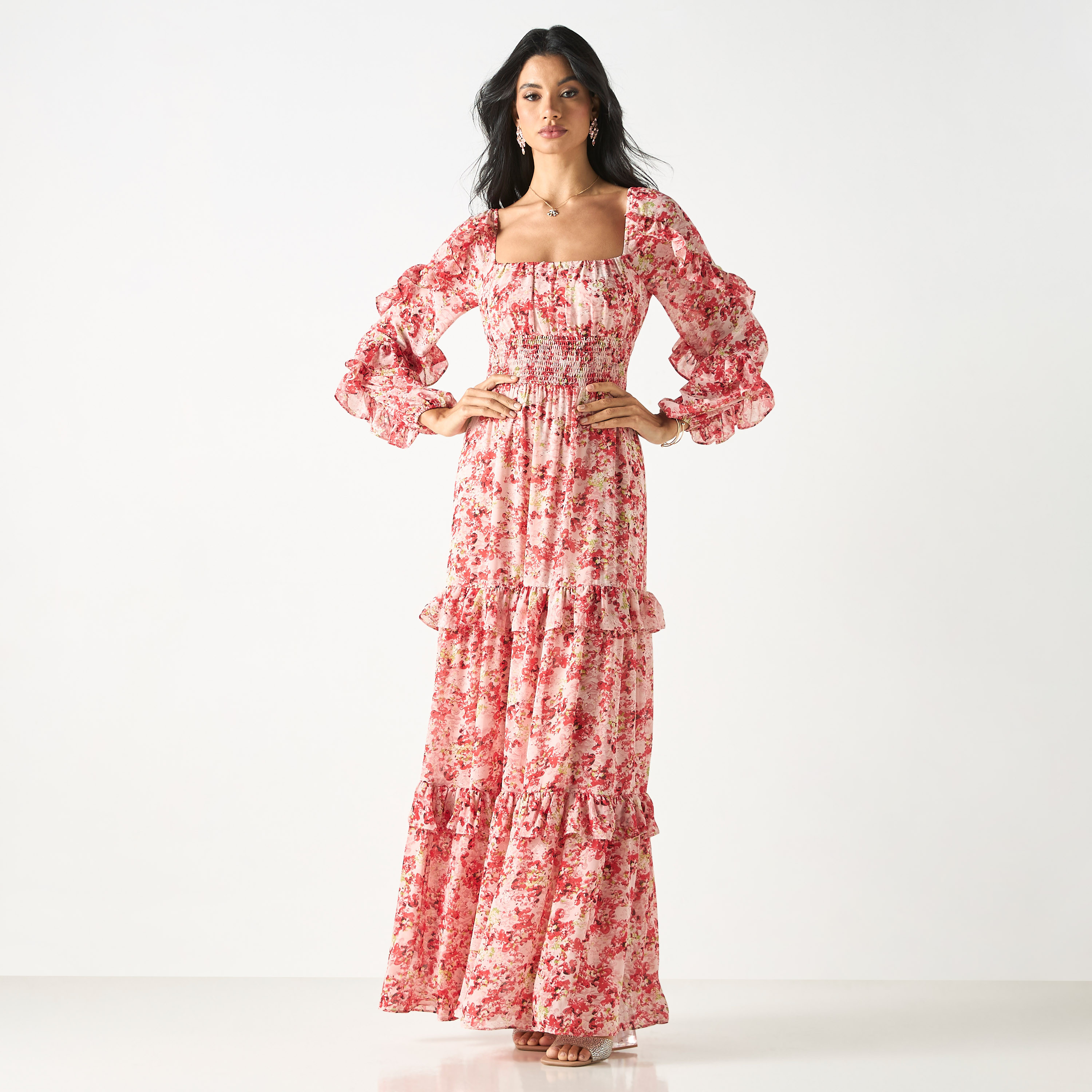 All-Over Floral Print Tiered Dress with Square Neck and Ruffles-women-clothing-dresses-image-1