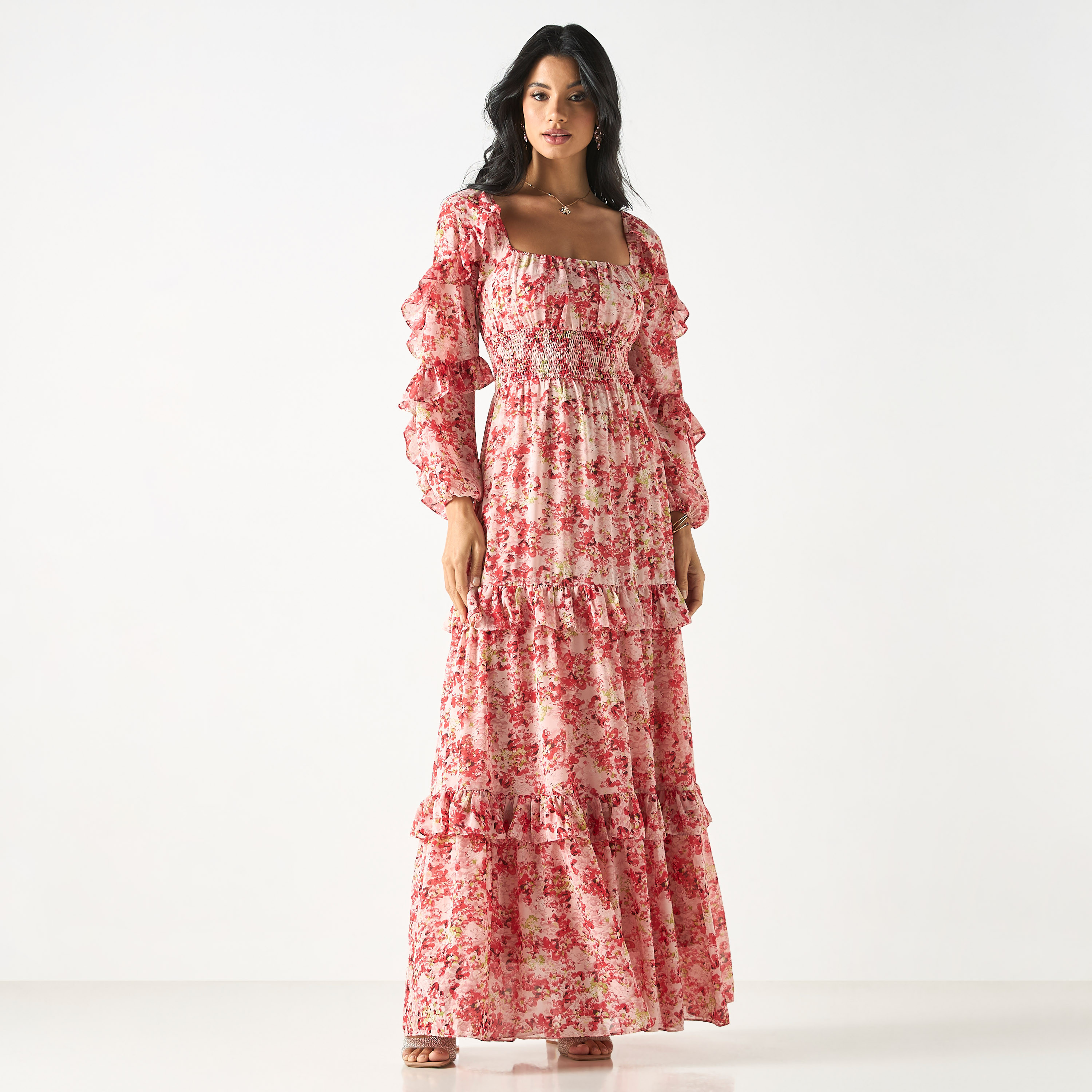 All-Over Floral Print Tiered Dress with Square Neck and Ruffles-women-clothing-dresses-image-2