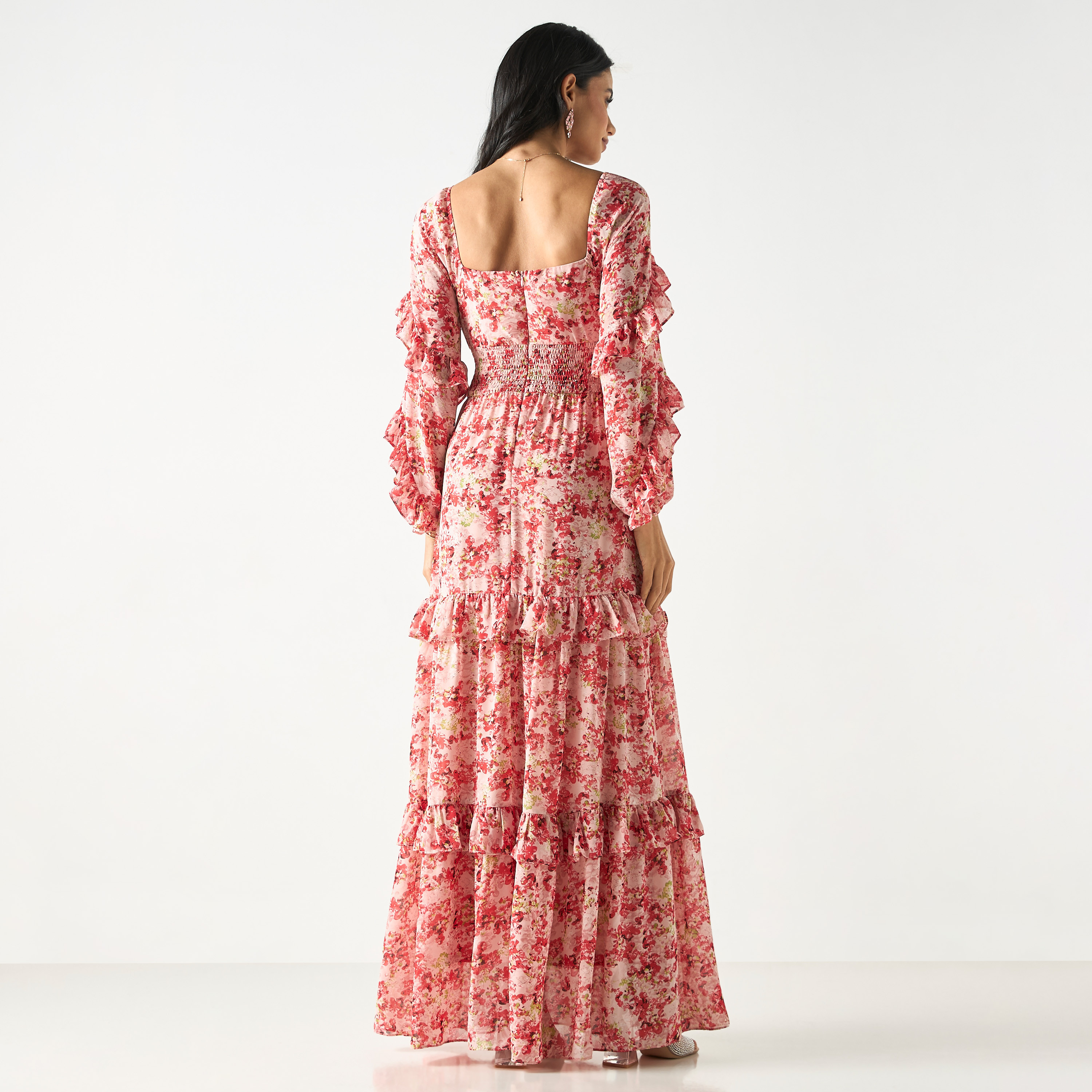 فستان متعدد الطبقات بطبعات زهور وياقة مربعة وكشكش-women-clothing-dresses-image-3