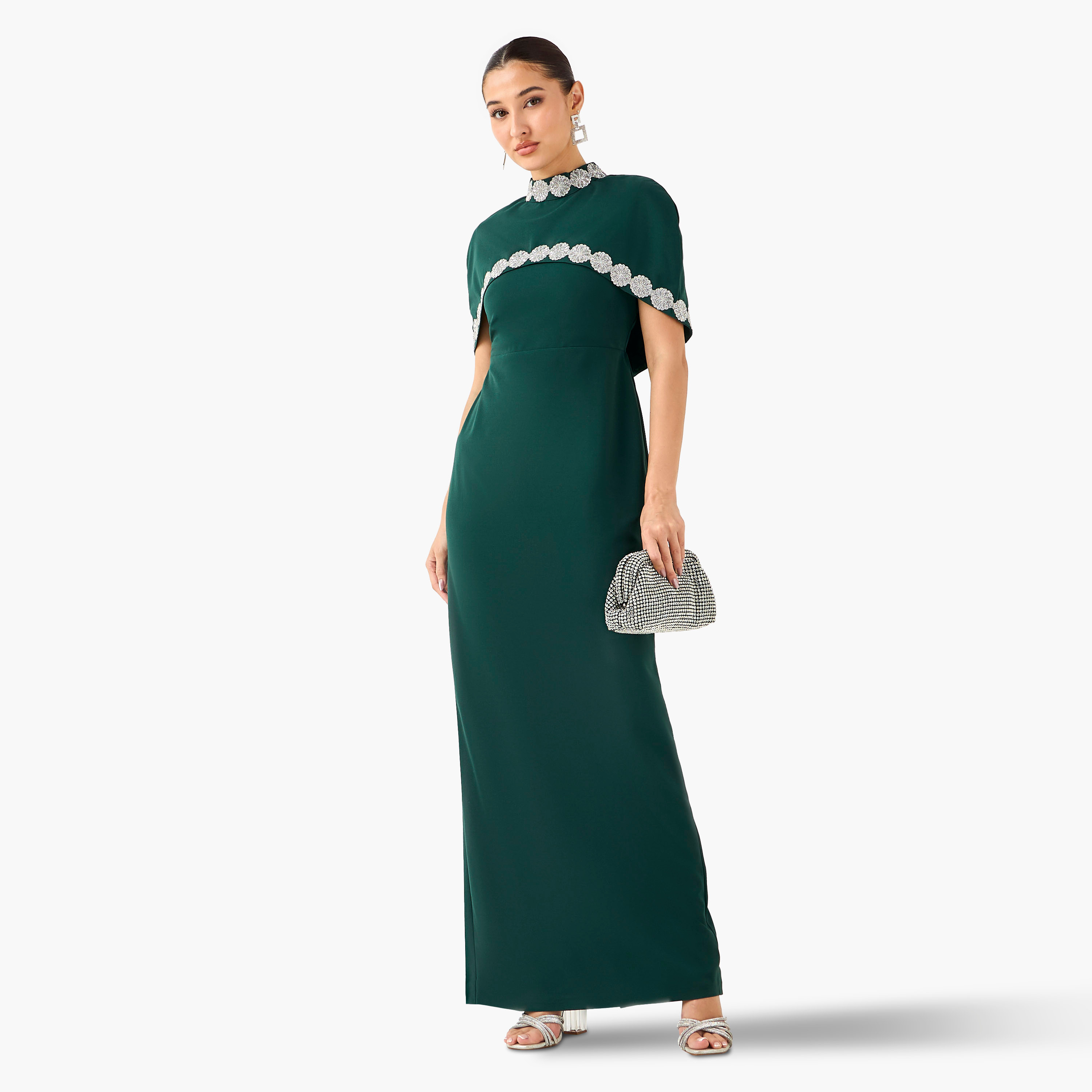 Golden Apple Embellished Bodycon Maxi Polyester Dress with Cape-women-clothing-dresses-image-1