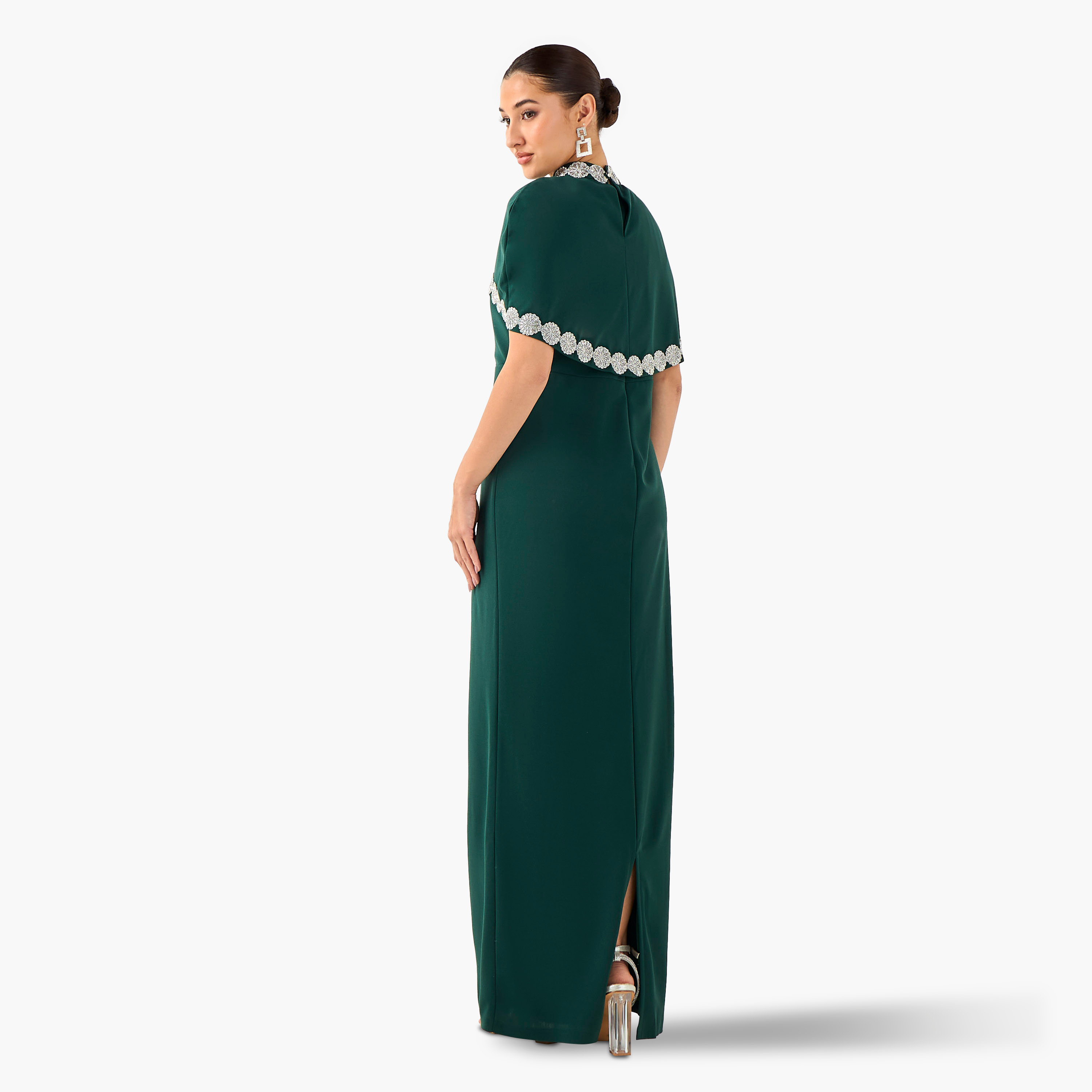 Golden Apple Embellished Bodycon Maxi Polyester Dress with Cape-women-clothing-dresses-image-2