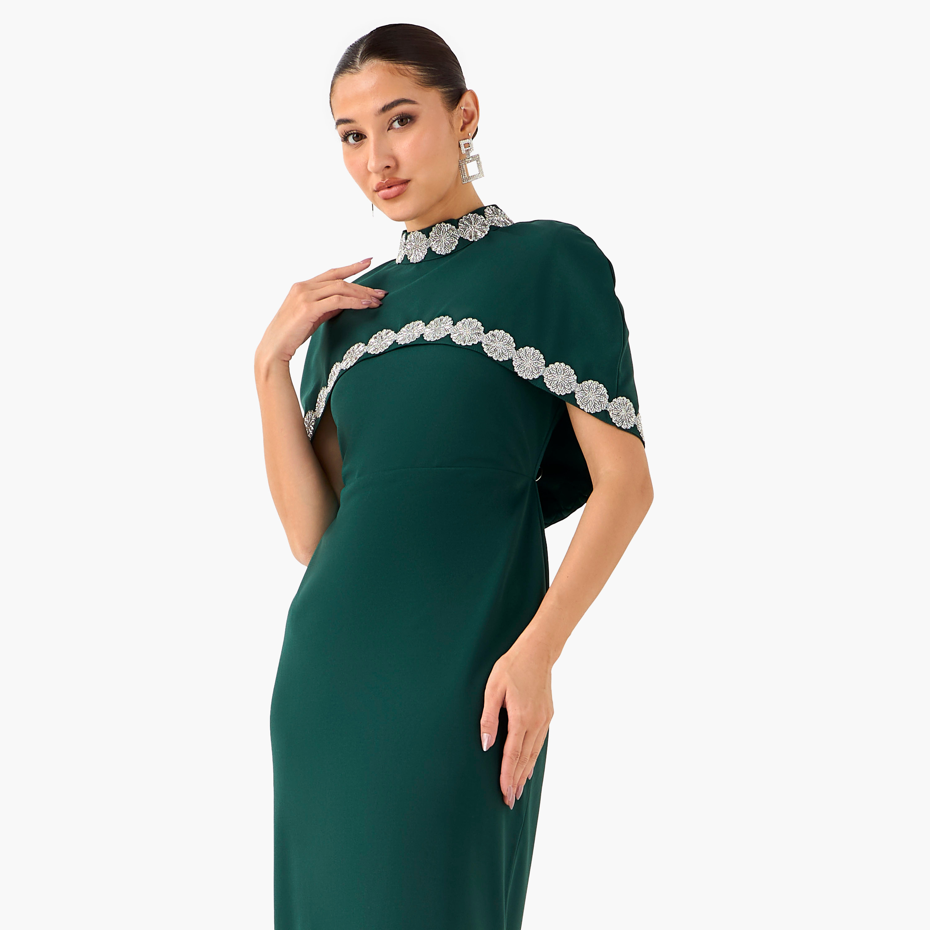 Golden Apple Embellished Bodycon Maxi Polyester Dress with Cape-women-clothing-dresses-image-5