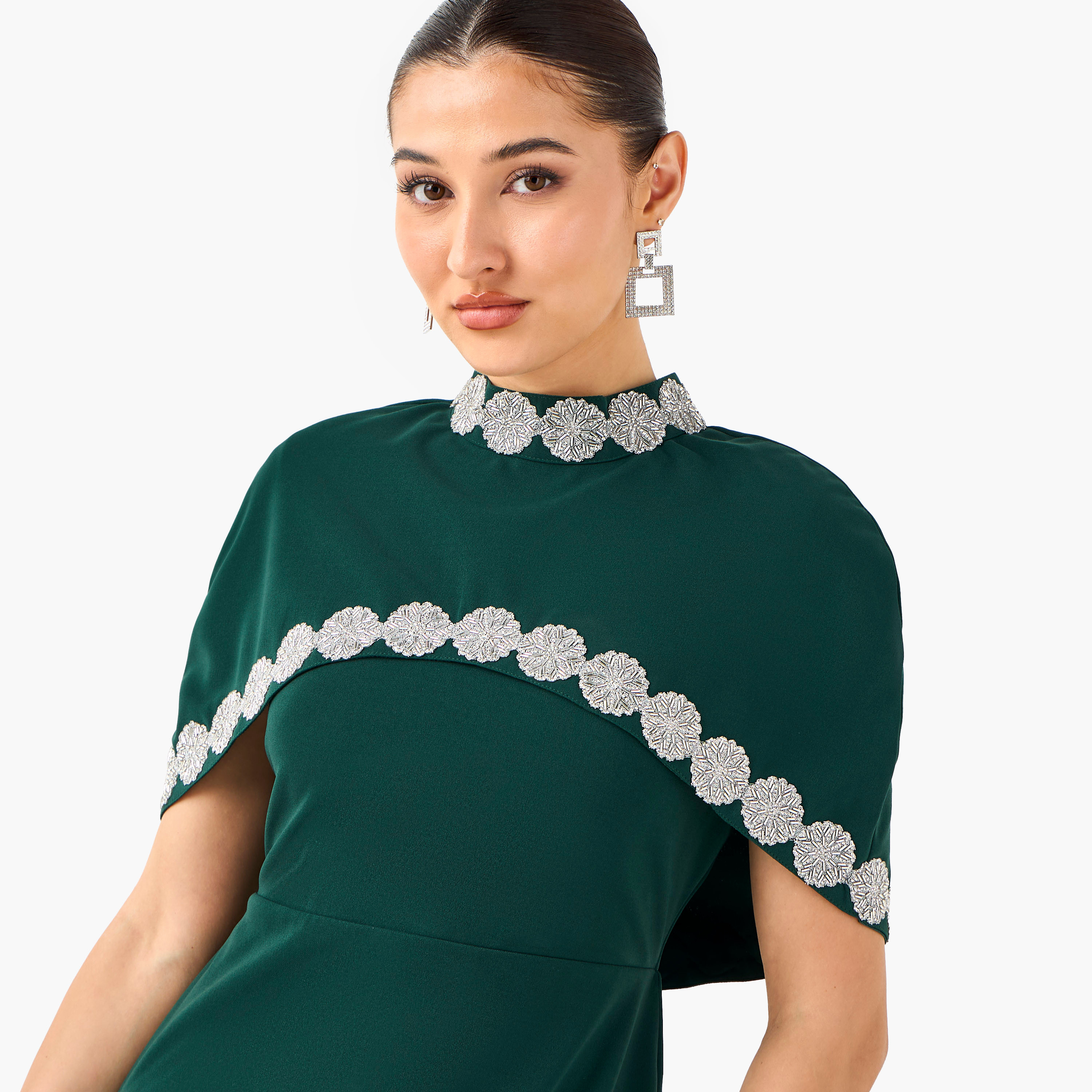 Golden Apple Embellished Bodycon Maxi Polyester Dress with Cape-women-clothing-dresses-image-6