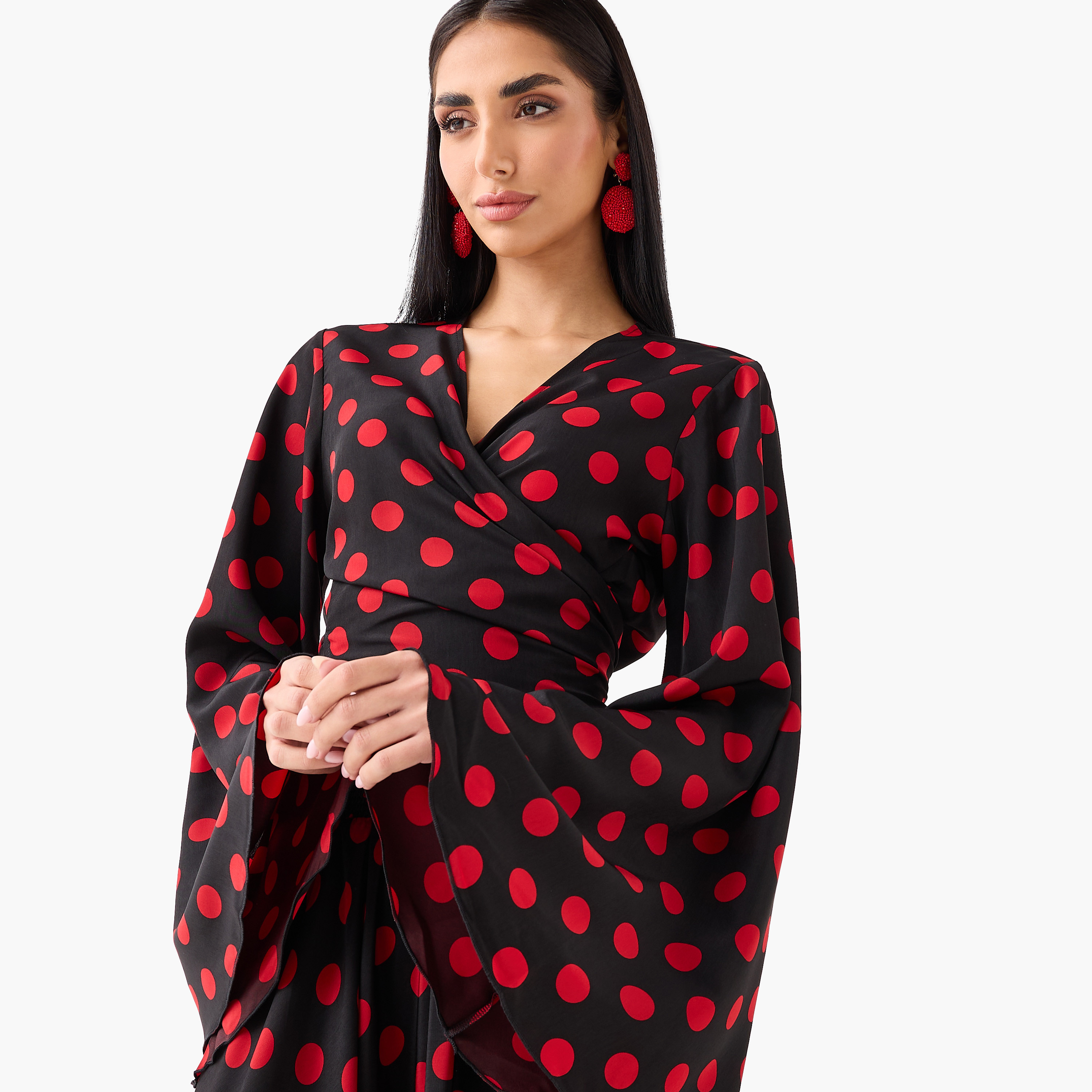 طقم نسائي مكون من بلوزة وتنورة بنقشة "بولكا دوت" وأكمام واسعة من غولدن أبل-women-clothing-coordsets-image-6