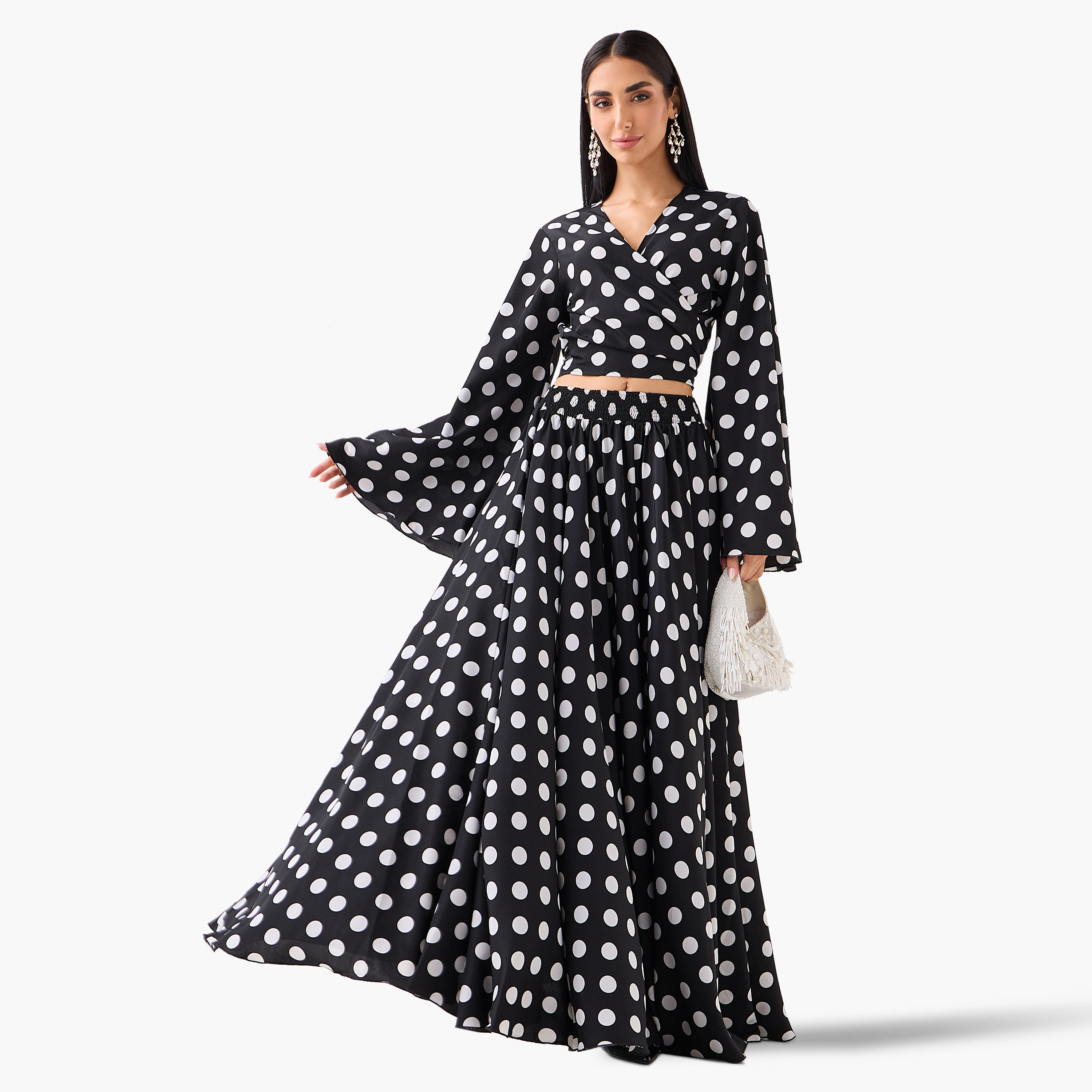 Golden Apple Polka Dot Surplice Neck Flared Sleeves Women's Top & Skirt Set-women-clothing-coordsets-image-1
