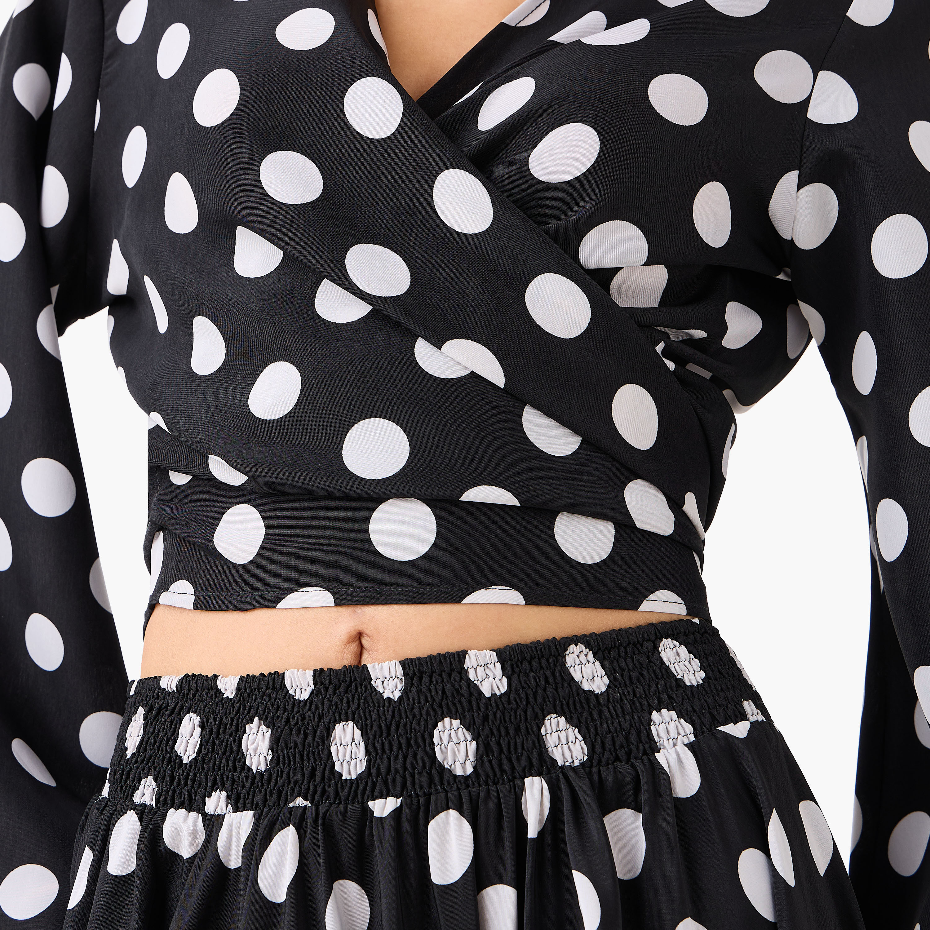 Golden Apple Polka Dot Surplice Neck Flared Sleeves Women's Top & Skirt Set-women-clothing-coordsets-image-2