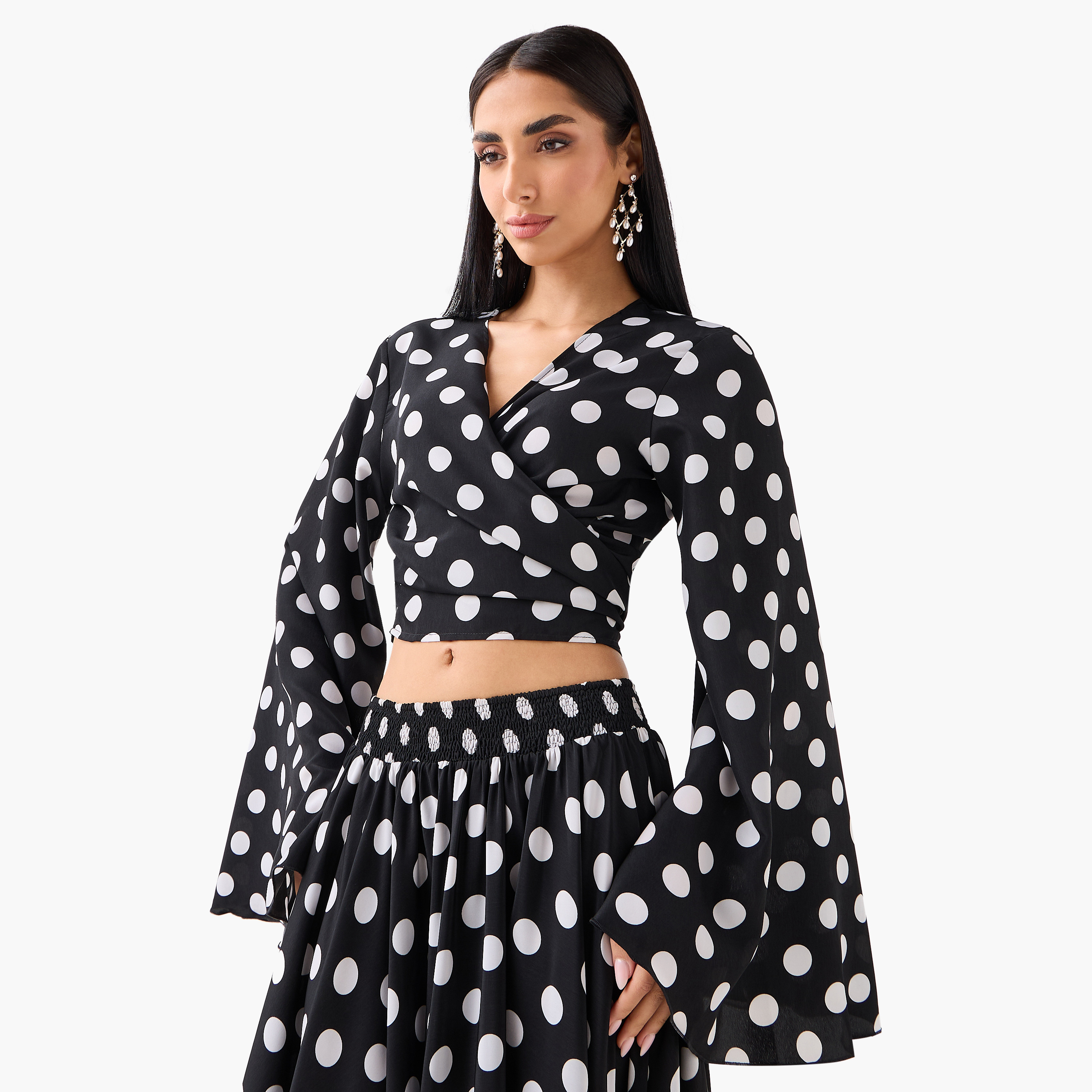 Golden Apple Polka Dot Surplice Neck Flared Sleeves Women's Top & Skirt Set-women-clothing-coordsets-image-3