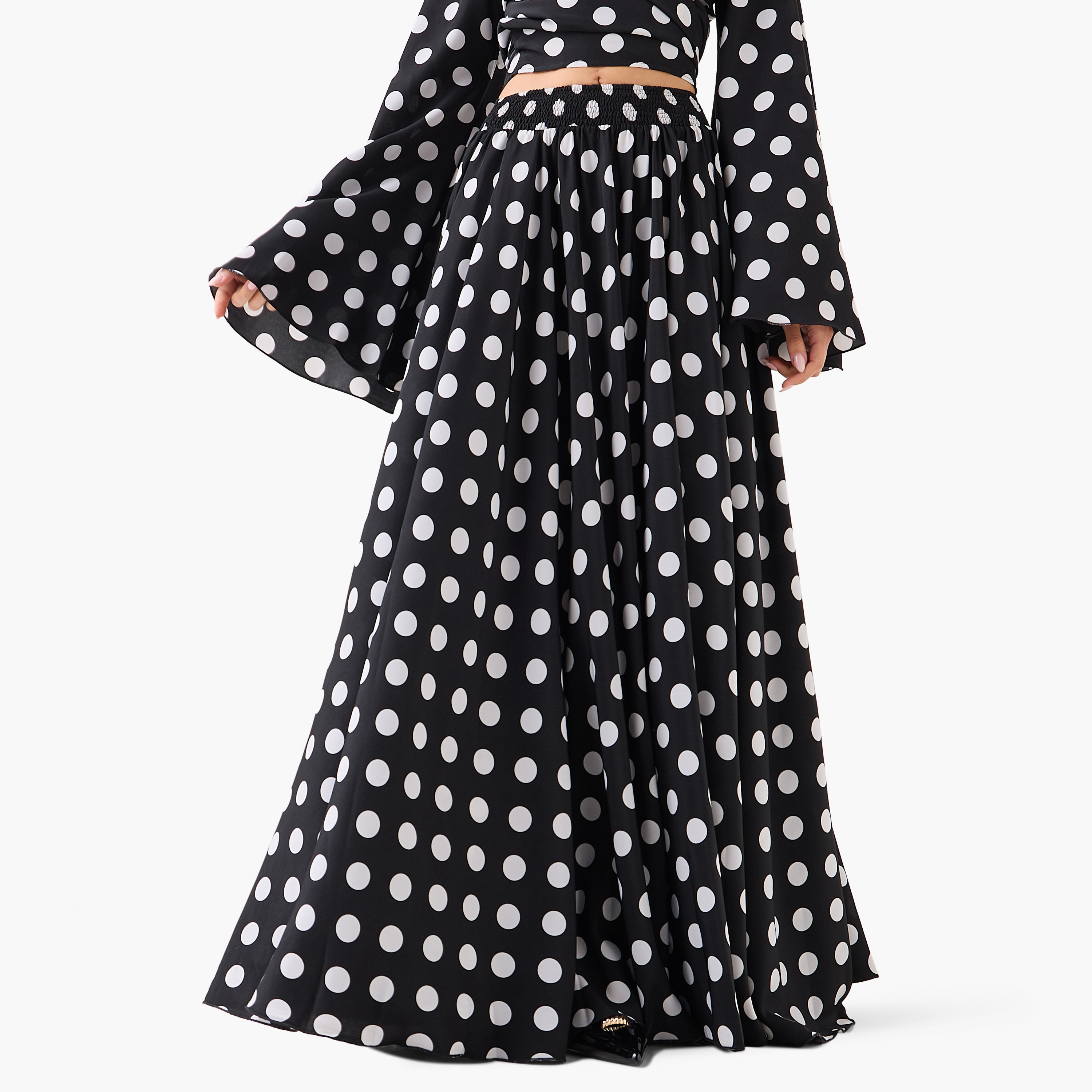 Golden Apple Polka Dot Surplice Neck Flared Sleeves Women's Top & Skirt Set-women-clothing-coordsets-image-4