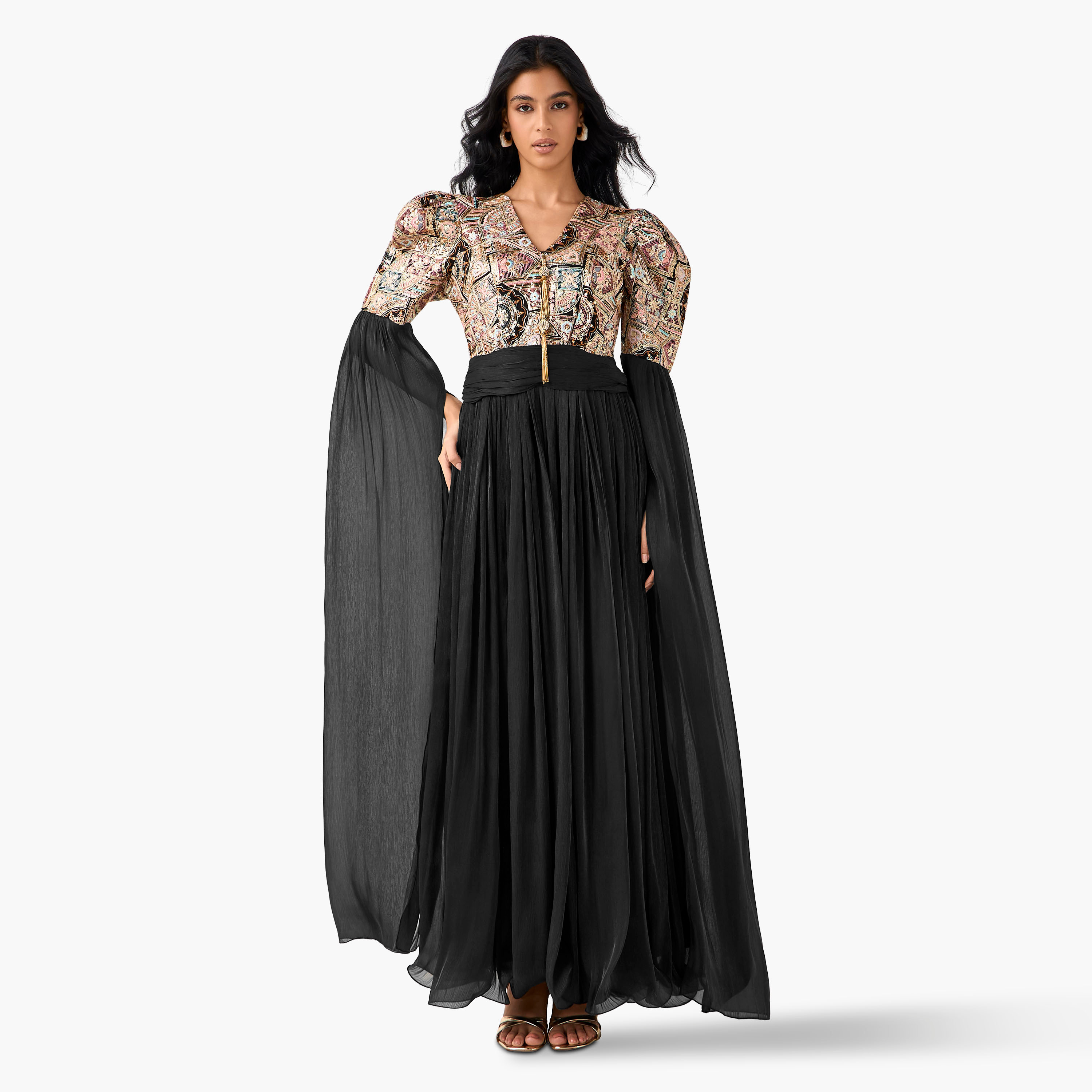 فستان ماكسي كاب بوليستر مزخرف وياقة V من جولدن أبل-women-clothing-dresses-image-1