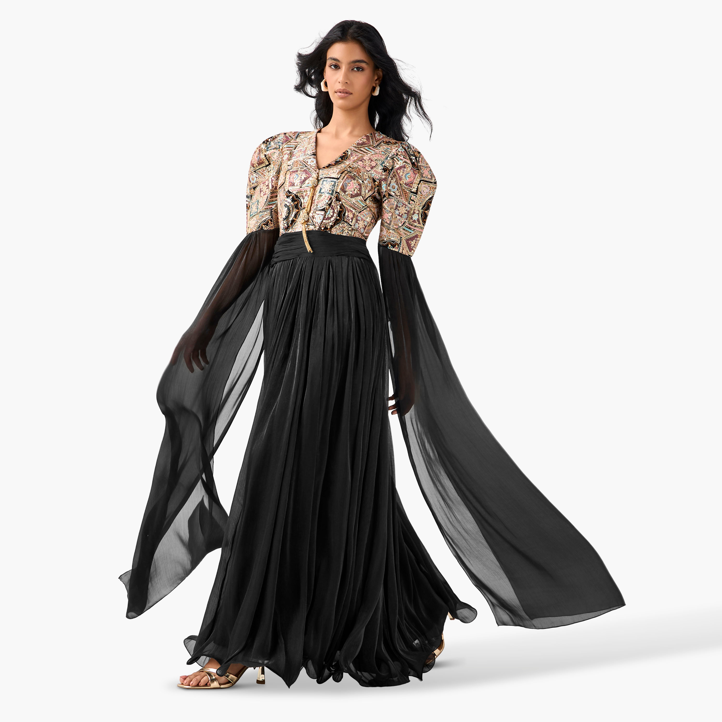 Golden Apple Embellished Cape Maxi Polyester Dress with V-neck-women-clothing-dresses-image-2